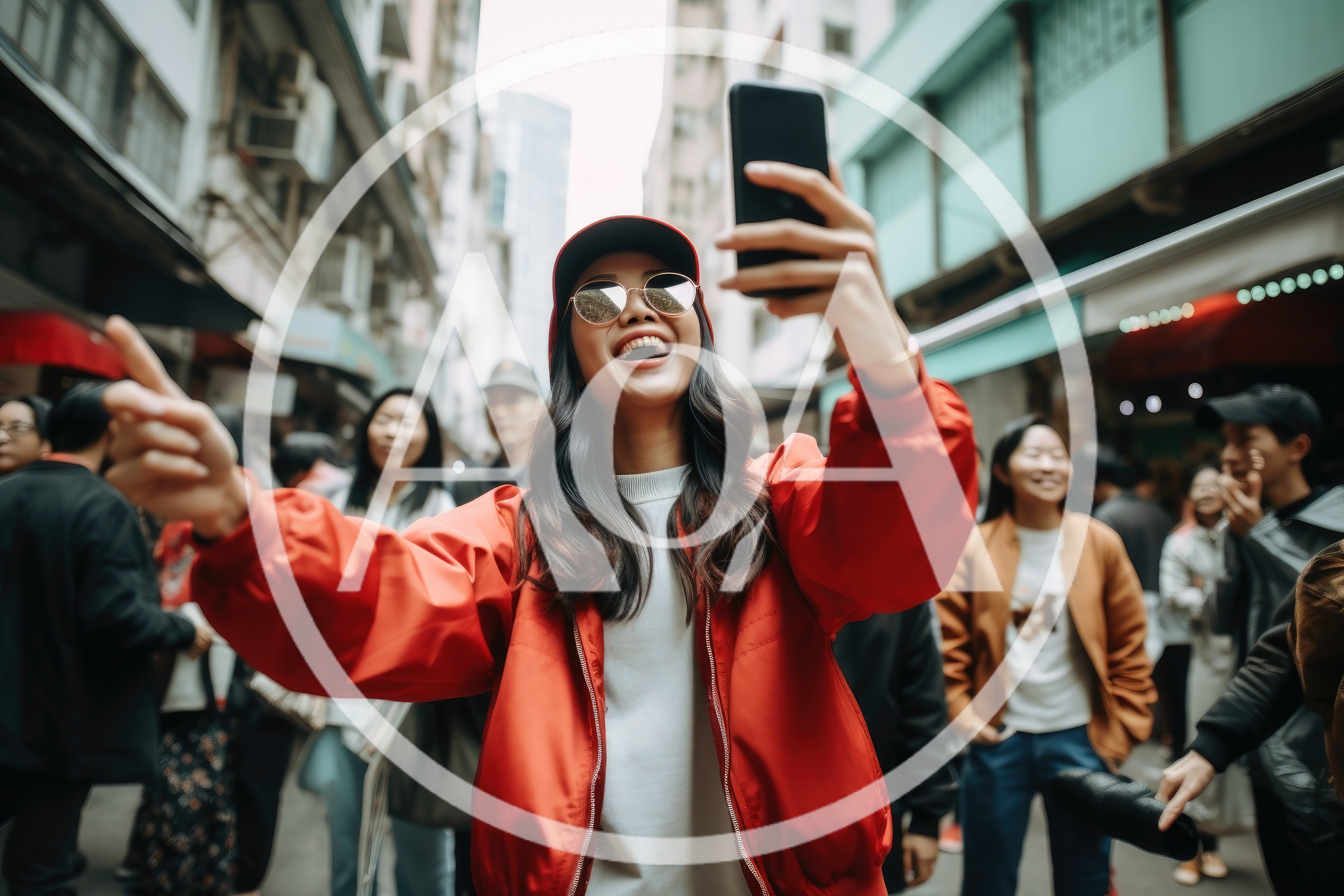 Young Woman Taking Selfie in Busy City Street