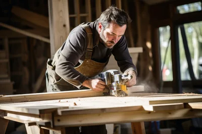 Carpenter Using Electric Planer on Wooden Board