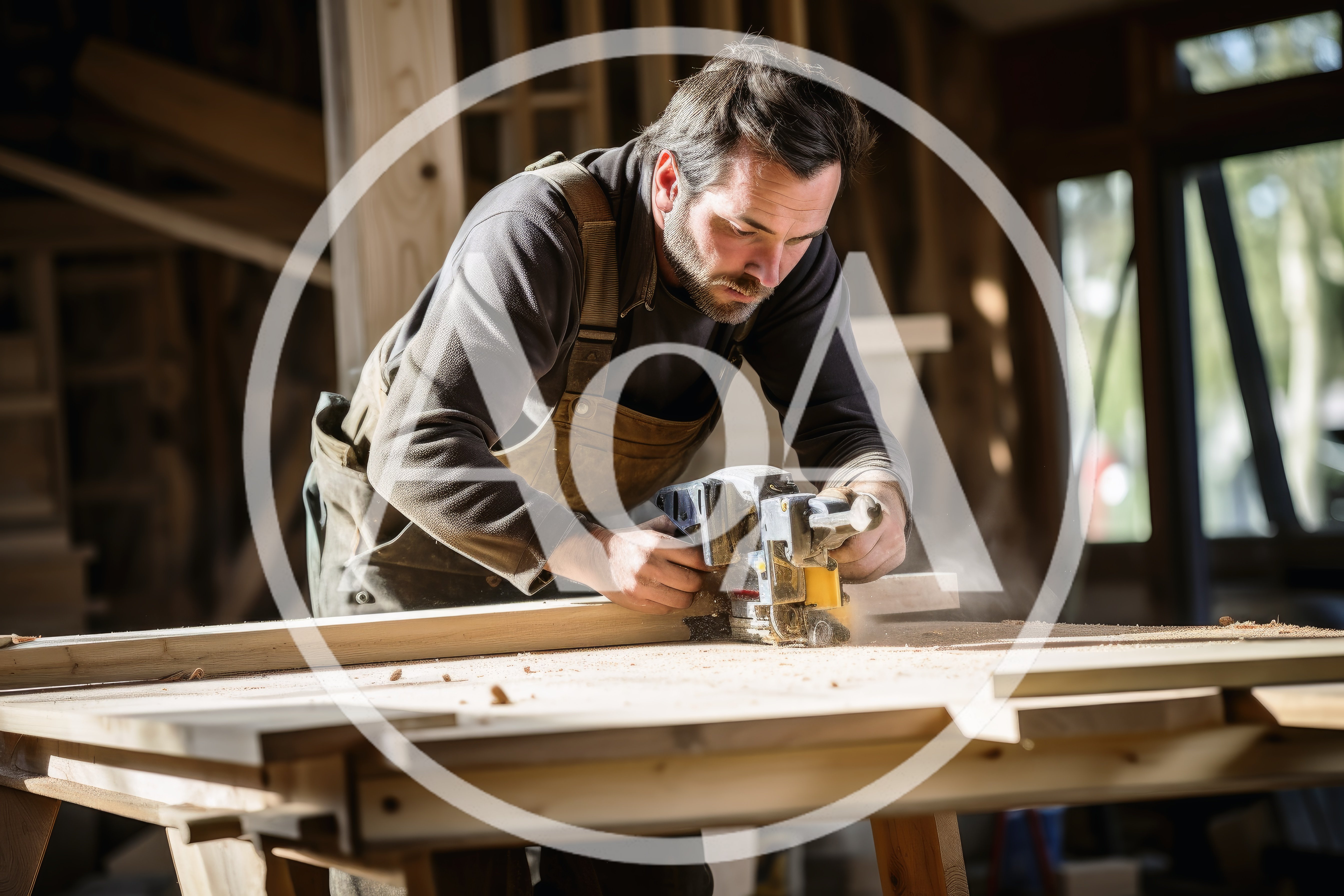 Carpenter Using Electric Planer on Wooden Board