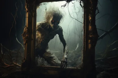 Eerie Creature Emerging From An Ancient Haunted Mirror