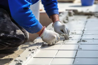 Construction Worker Installing Tiles On Concrete Surface
