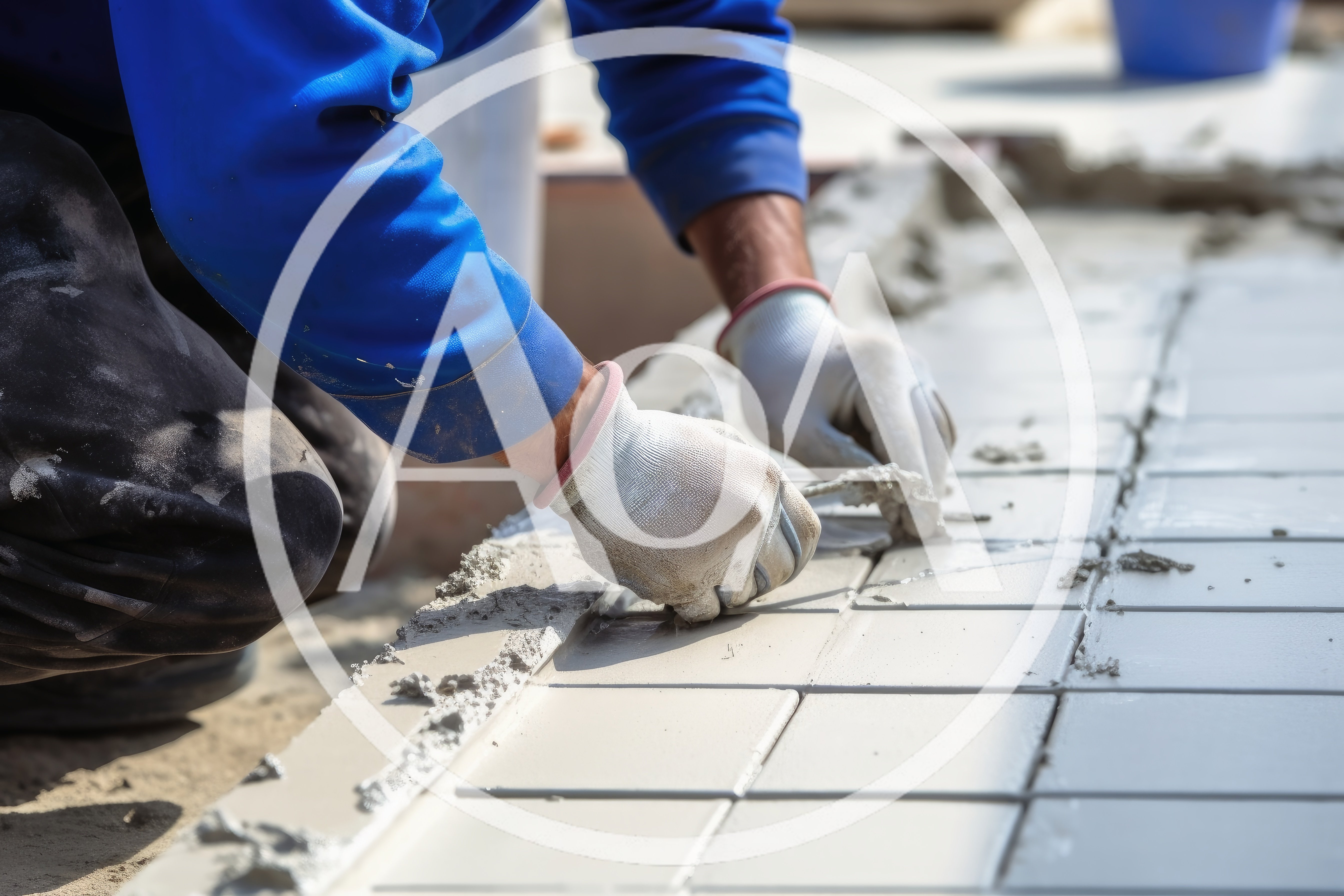 Construction Worker Installing Tiles On Concrete Surface