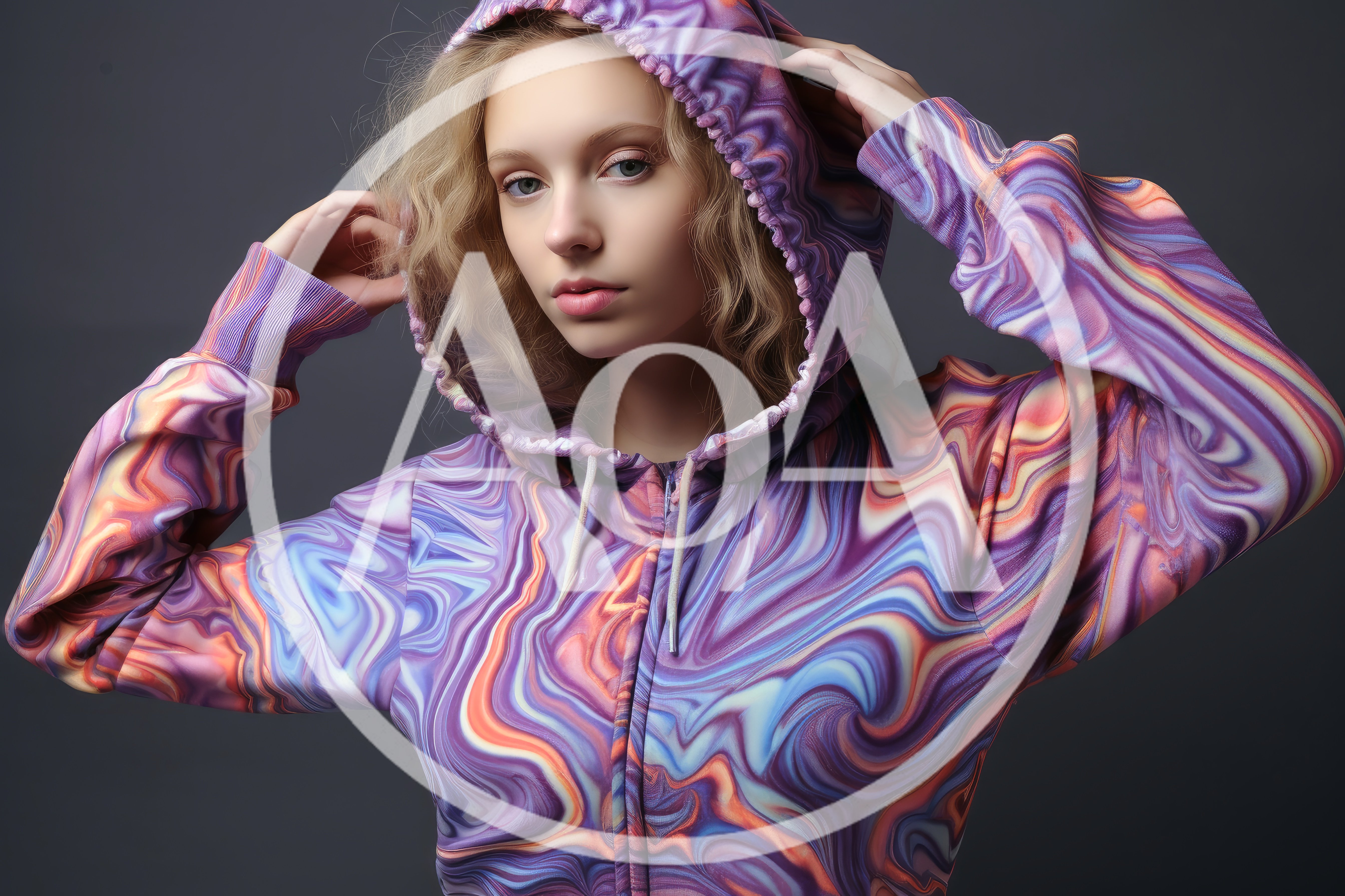 Young Woman Wearing A Vibrant Marble Print Hoodie