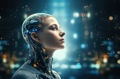 Cyborg Humanoid Profile With Glowing Neural Network