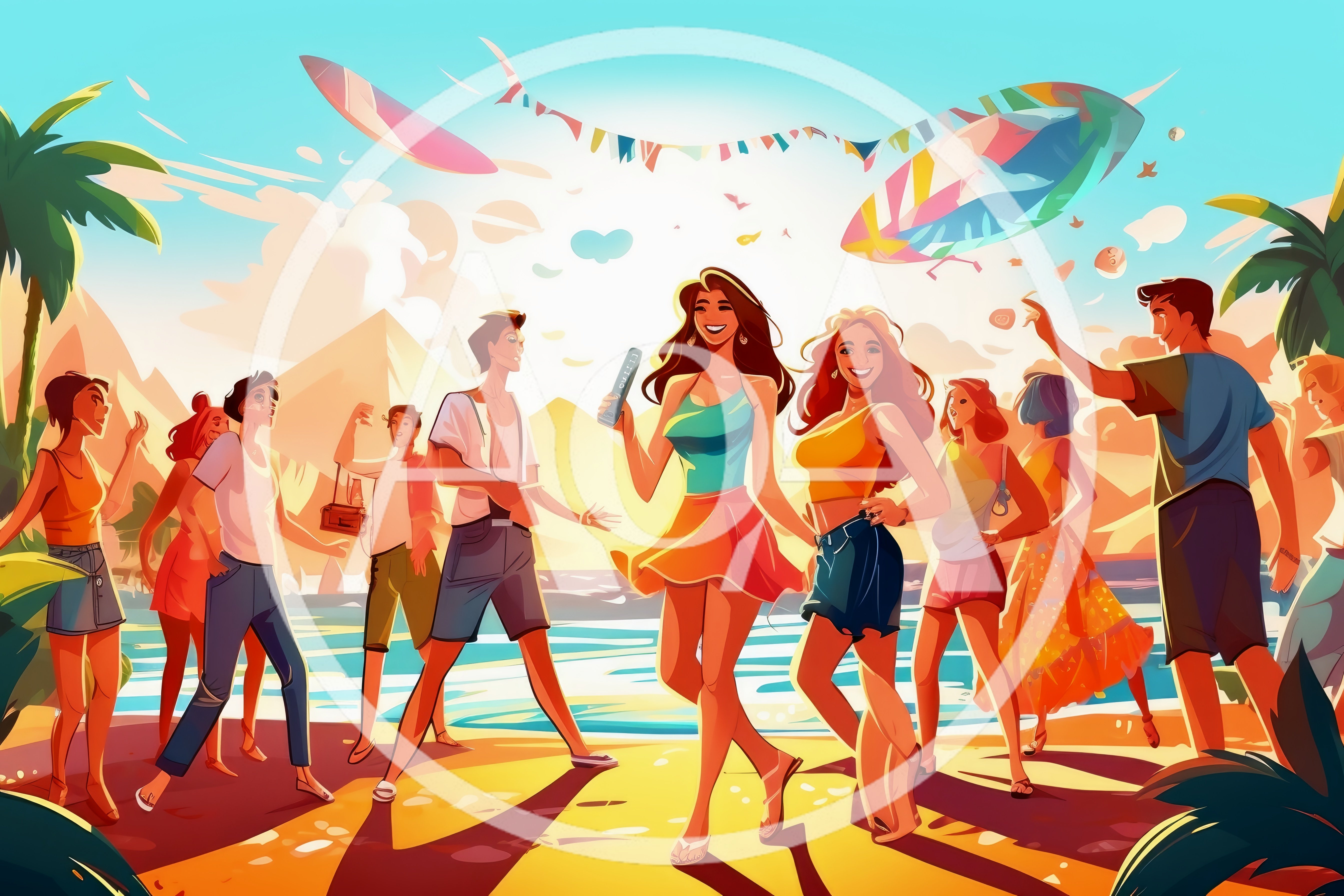 Group of Young Friends Dancing on a Sunny Beach