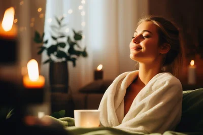 Young Woman Relaxing In A Cozy Bathrobe With Candlelight