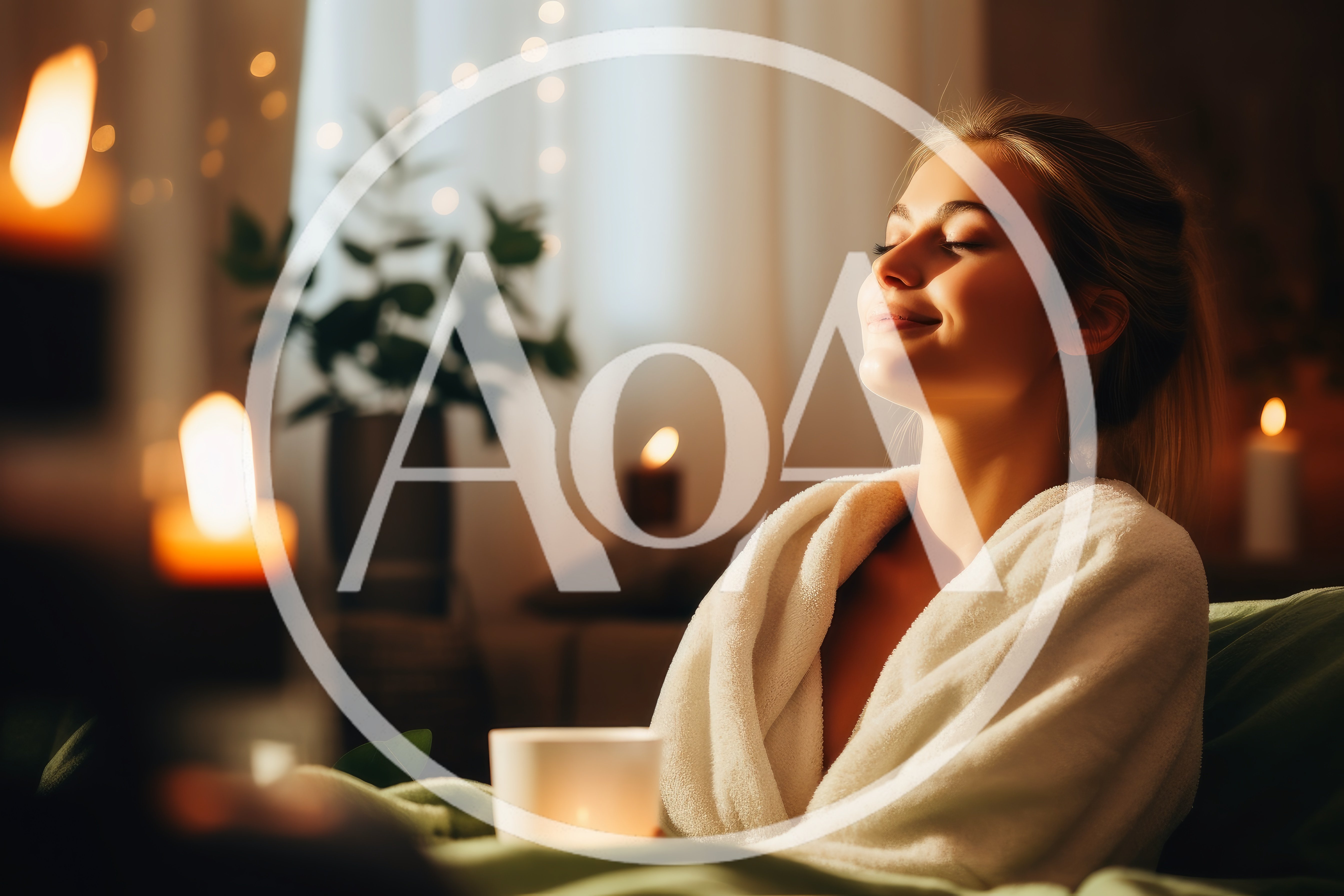 Young Woman Relaxing In A Cozy Bathrobe With Candlelight