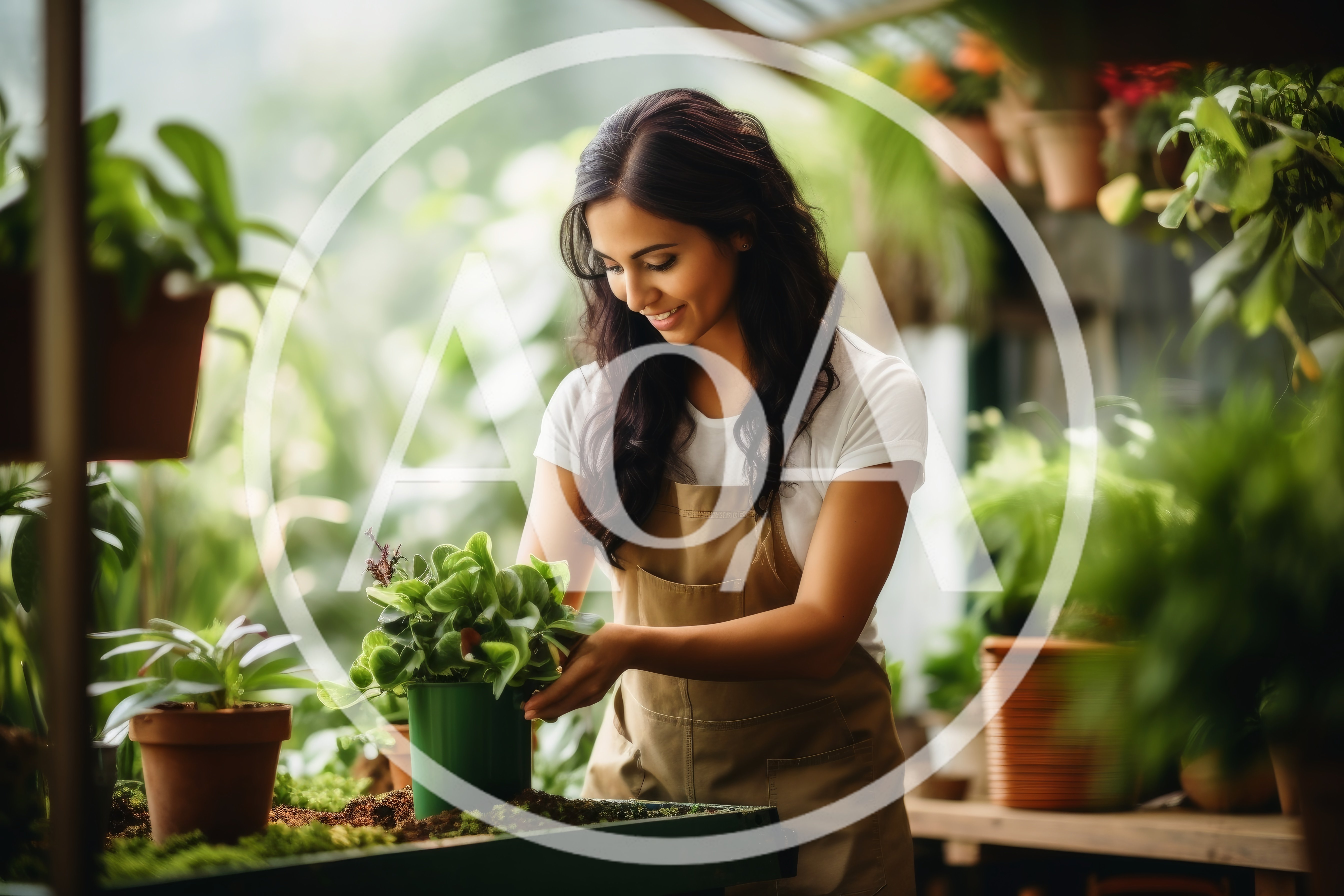 Young Woman Gardening In A Sunny Greenhouse
