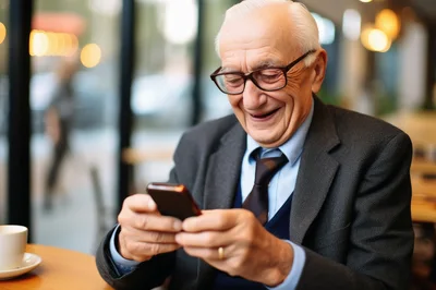 Elderly Man Smiling While Using Smartphone in Cafe