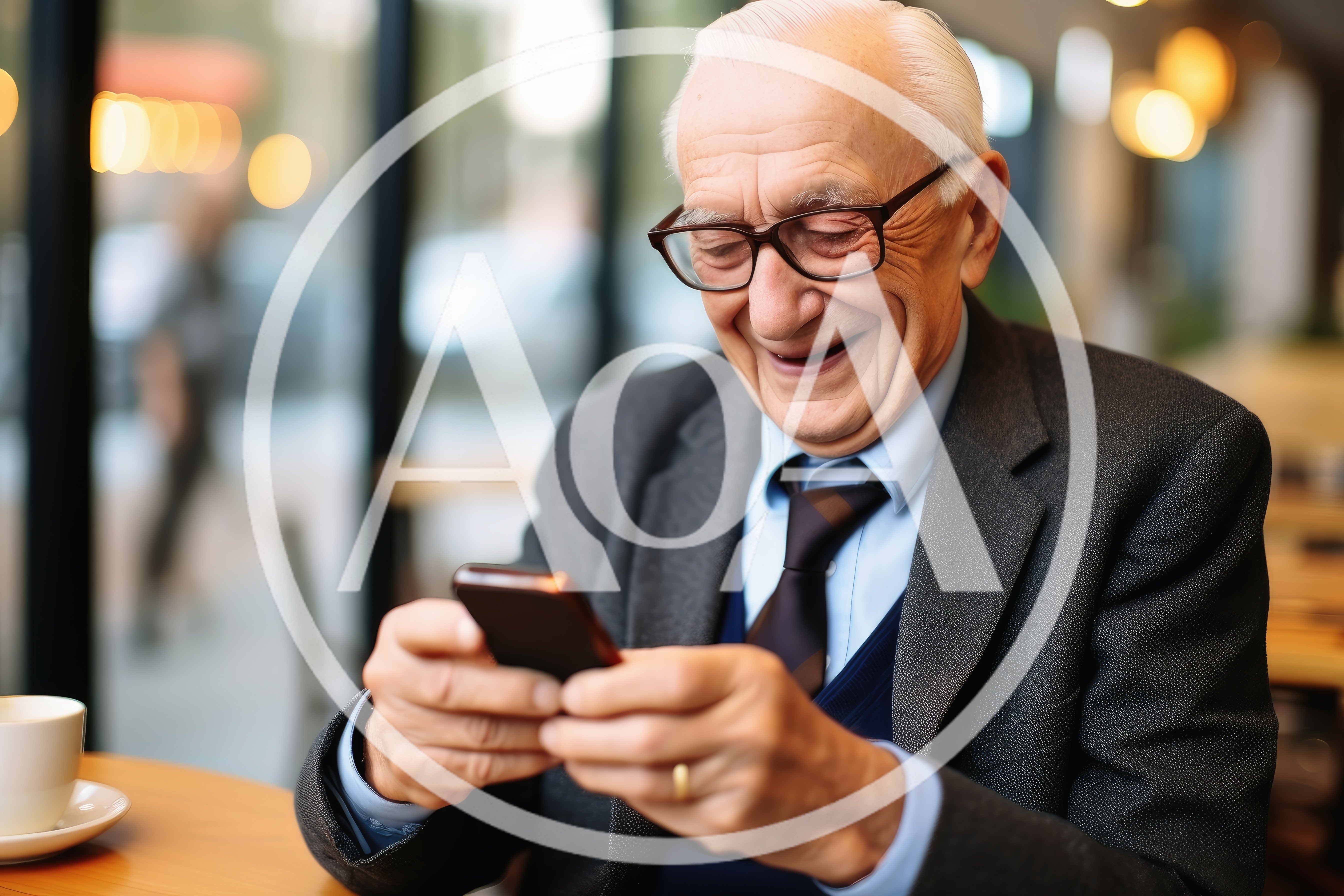 Elderly Man Smiling While Using Smartphone in Cafe