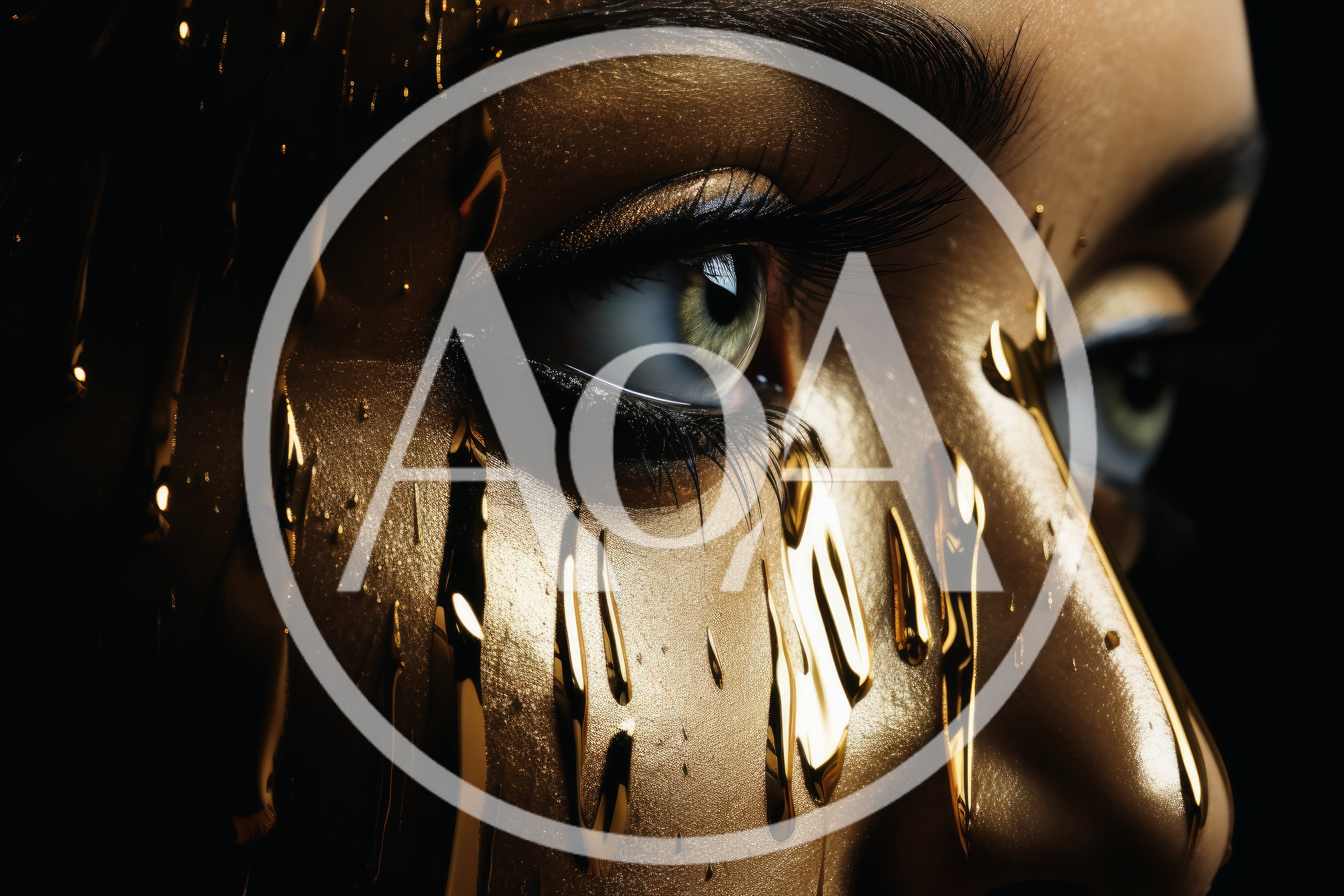 Close Up Portrait Of Woman With Gold Liquid Makeup