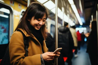Young Asian Woman Using Smartphone On Subway Train