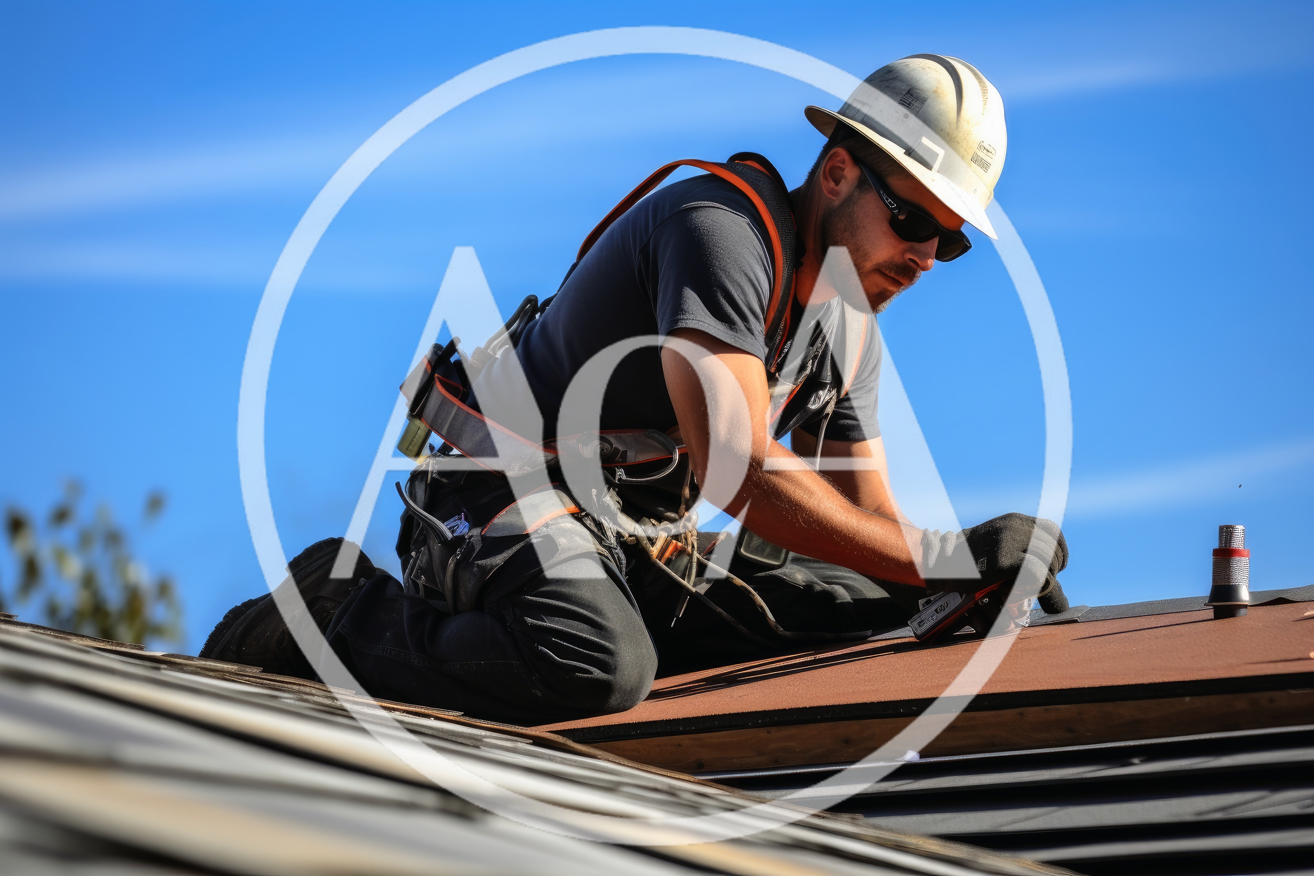 Construction Worker Installing Shingles on Residential Roof