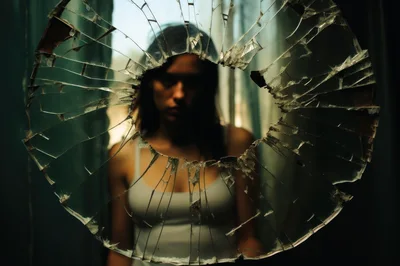 Woman Looking Through A Shattered Glass Window
