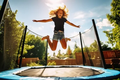 Happy Girl Jumping High On A Backyard Trampoline