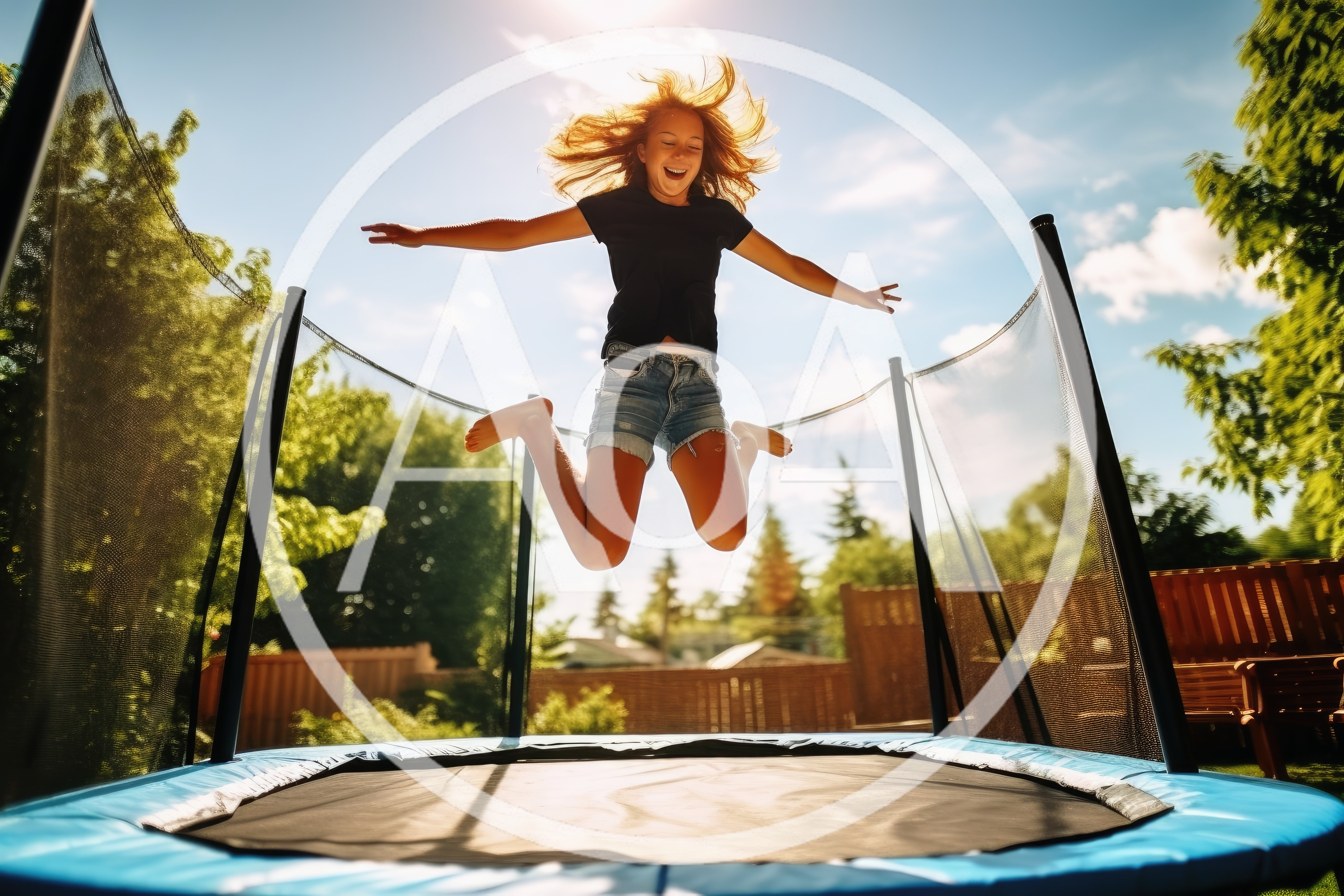 Happy Girl Jumping High On A Backyard Trampoline