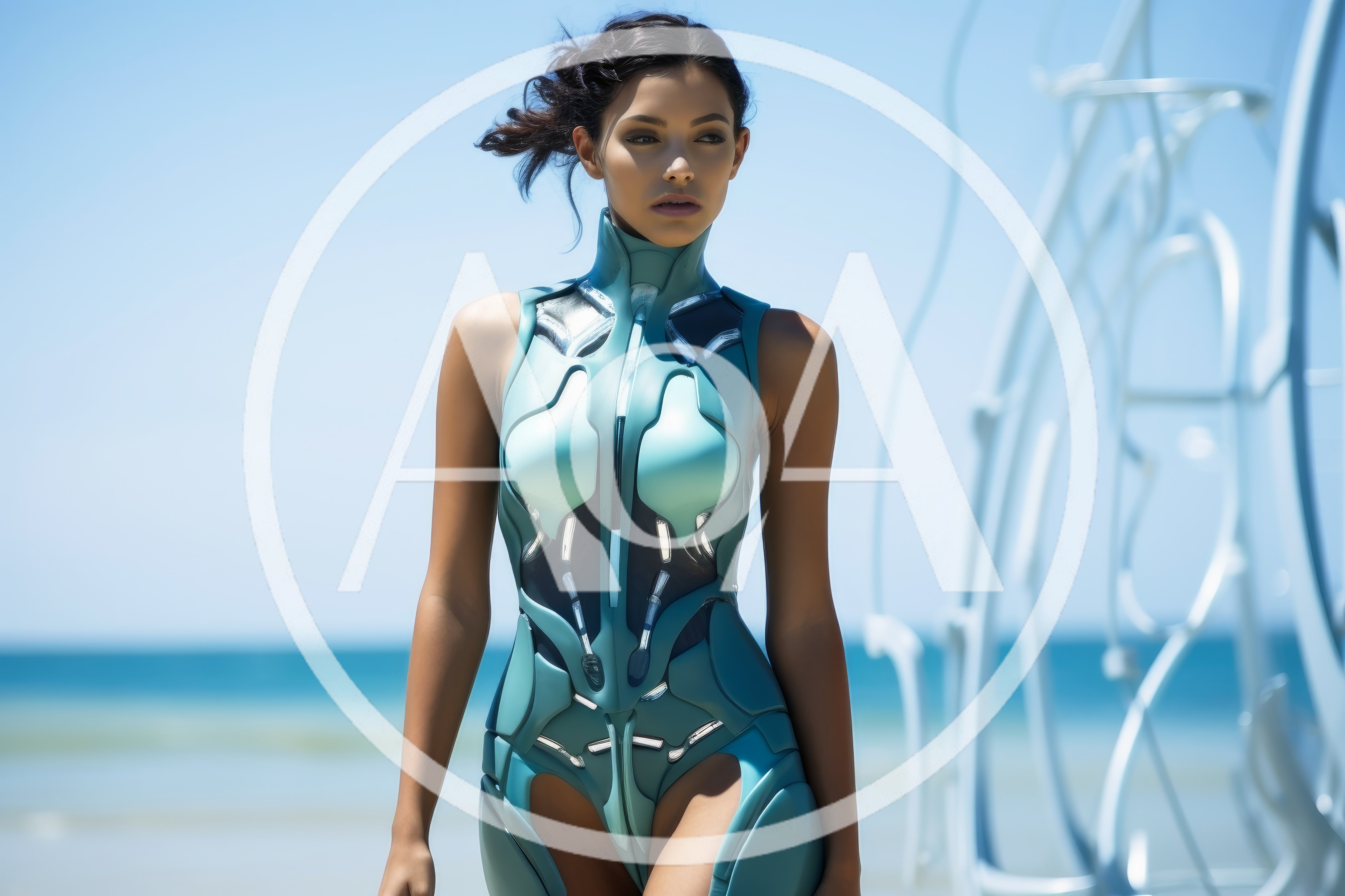 Futuristic Woman In Sci-Fi Armor On Beach