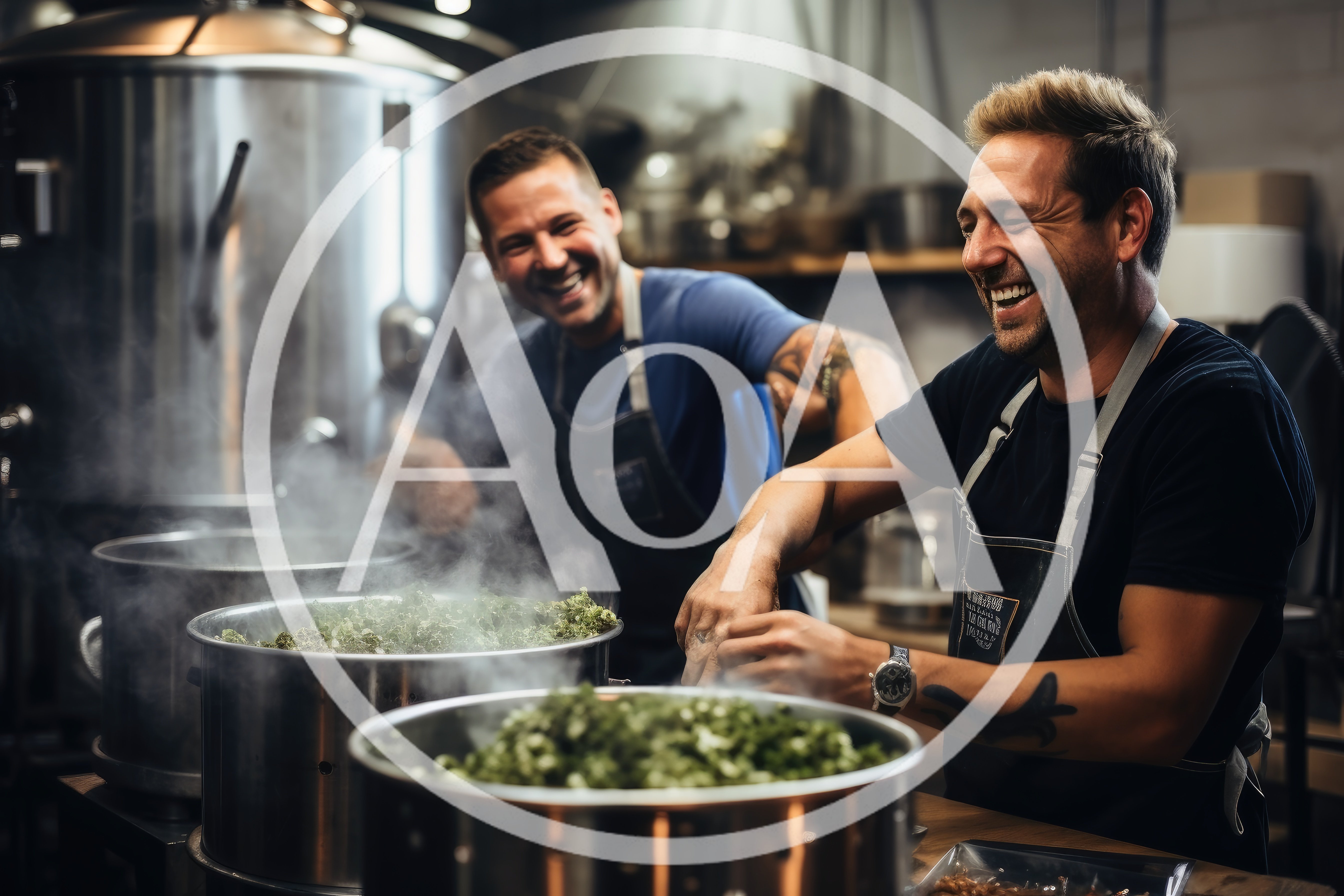 Two Cheerful Chefs Cooking In A Professional Kitchen