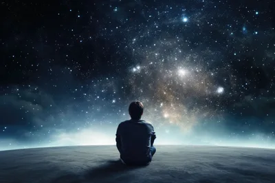 Person Sitting Alone Looking At The Starry Night Sky