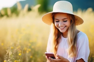 Young Woman Smiling While Using Smartphone In Golden Field