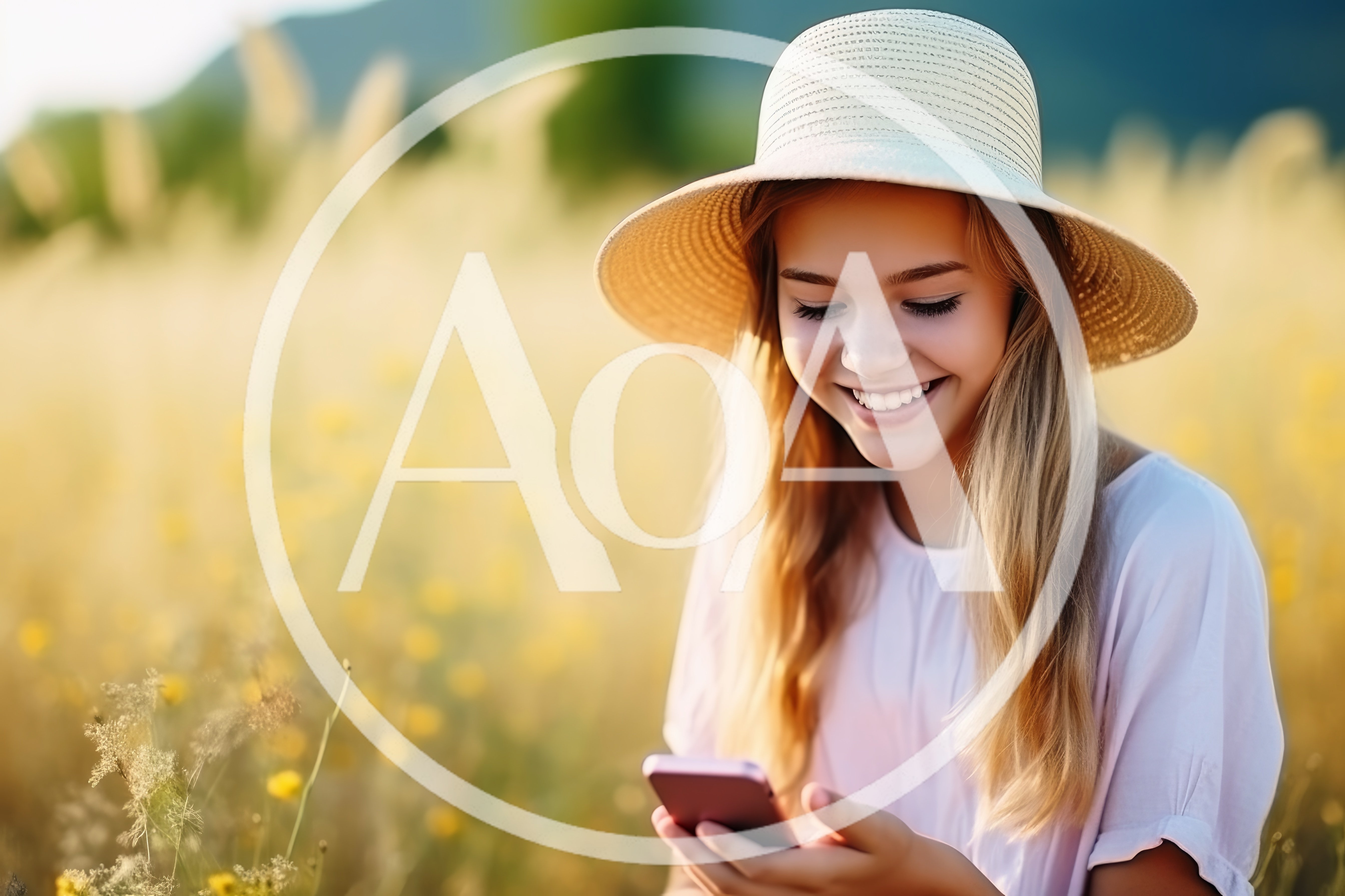 Young Woman Smiling While Using Smartphone In Golden Field