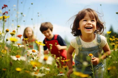 Happy Children Playing In A Sunny Wildflower Meadow