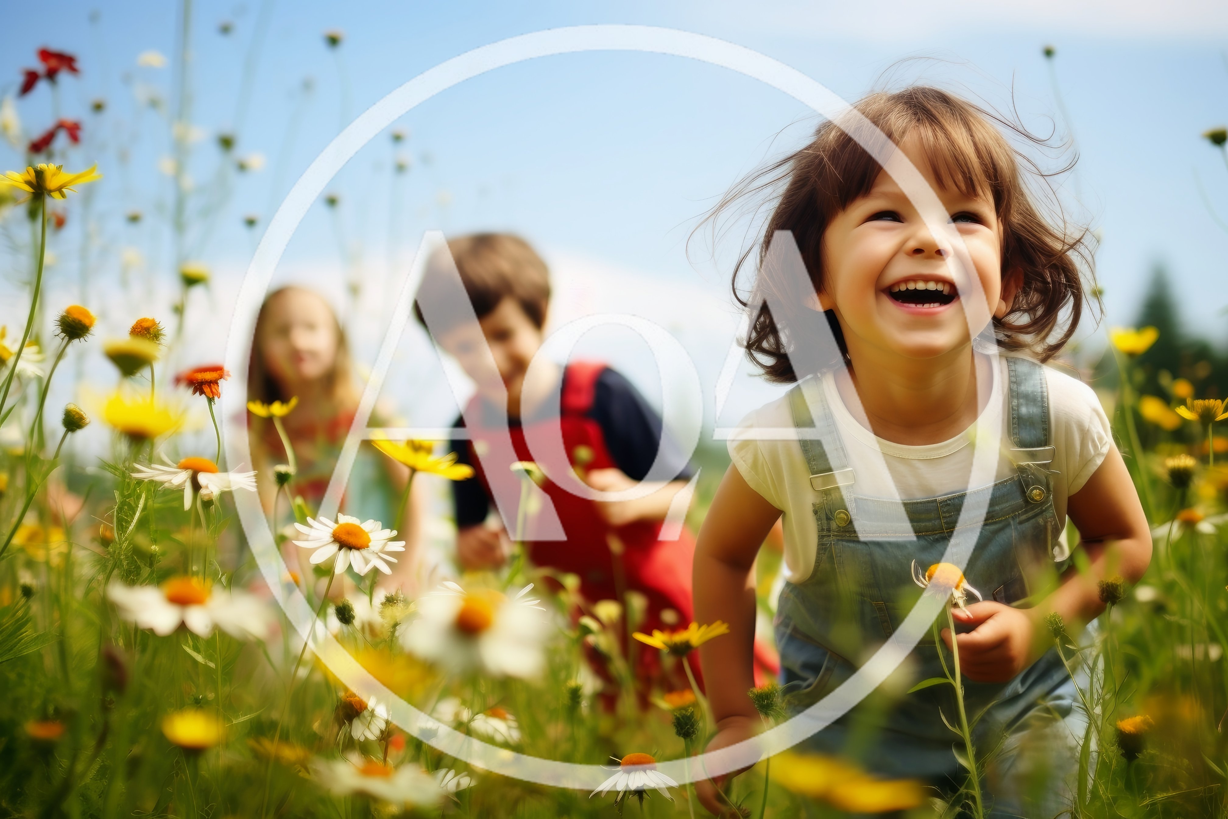 Happy Children Playing In A Sunny Wildflower Meadow