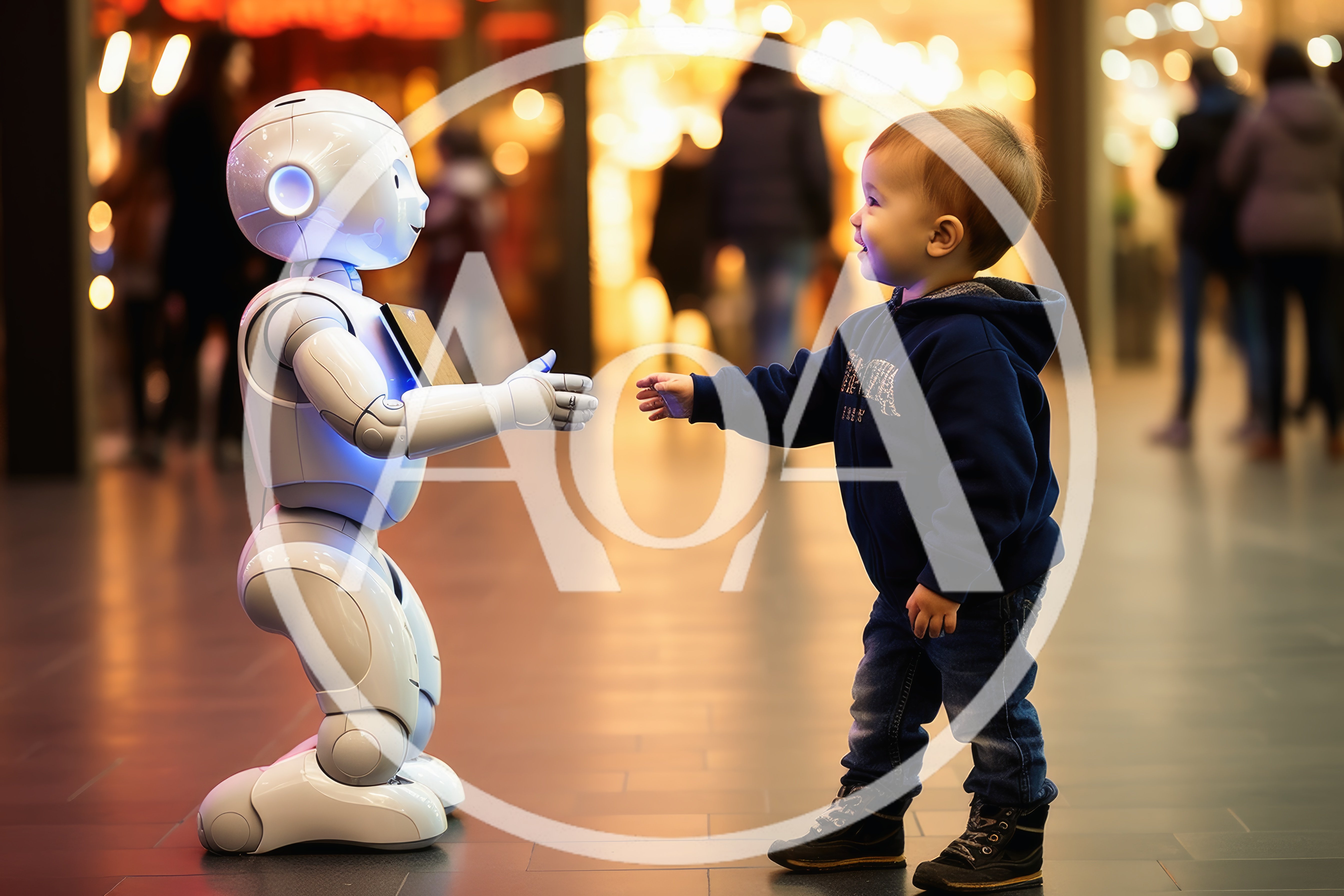 Toddler Interacting With A Friendly Humanoid Robot