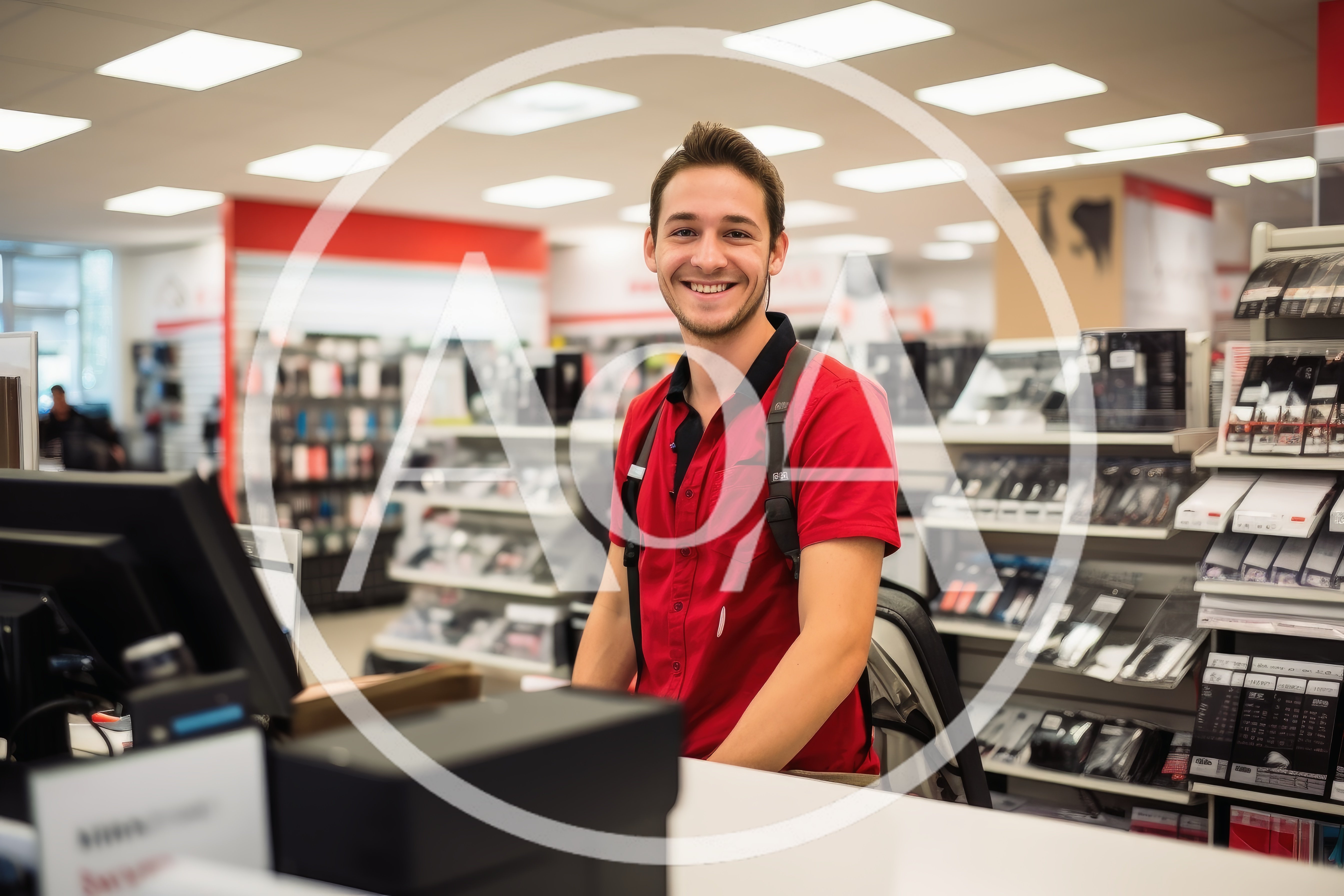 Friendly Retail Store Clerk Standing Behind Checkout Counter