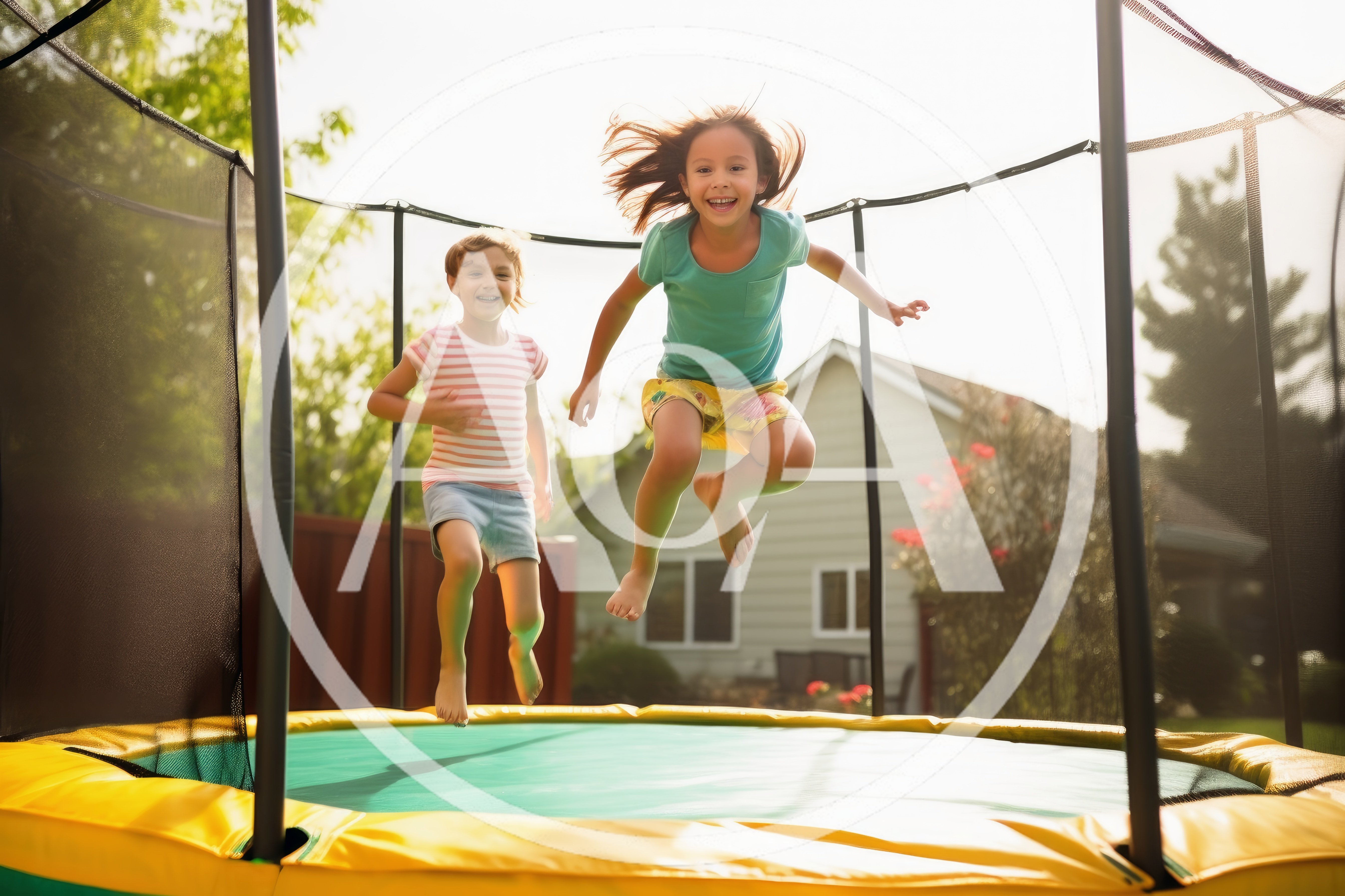 Two Happy Girls Jumping on a Backyard Trampoline