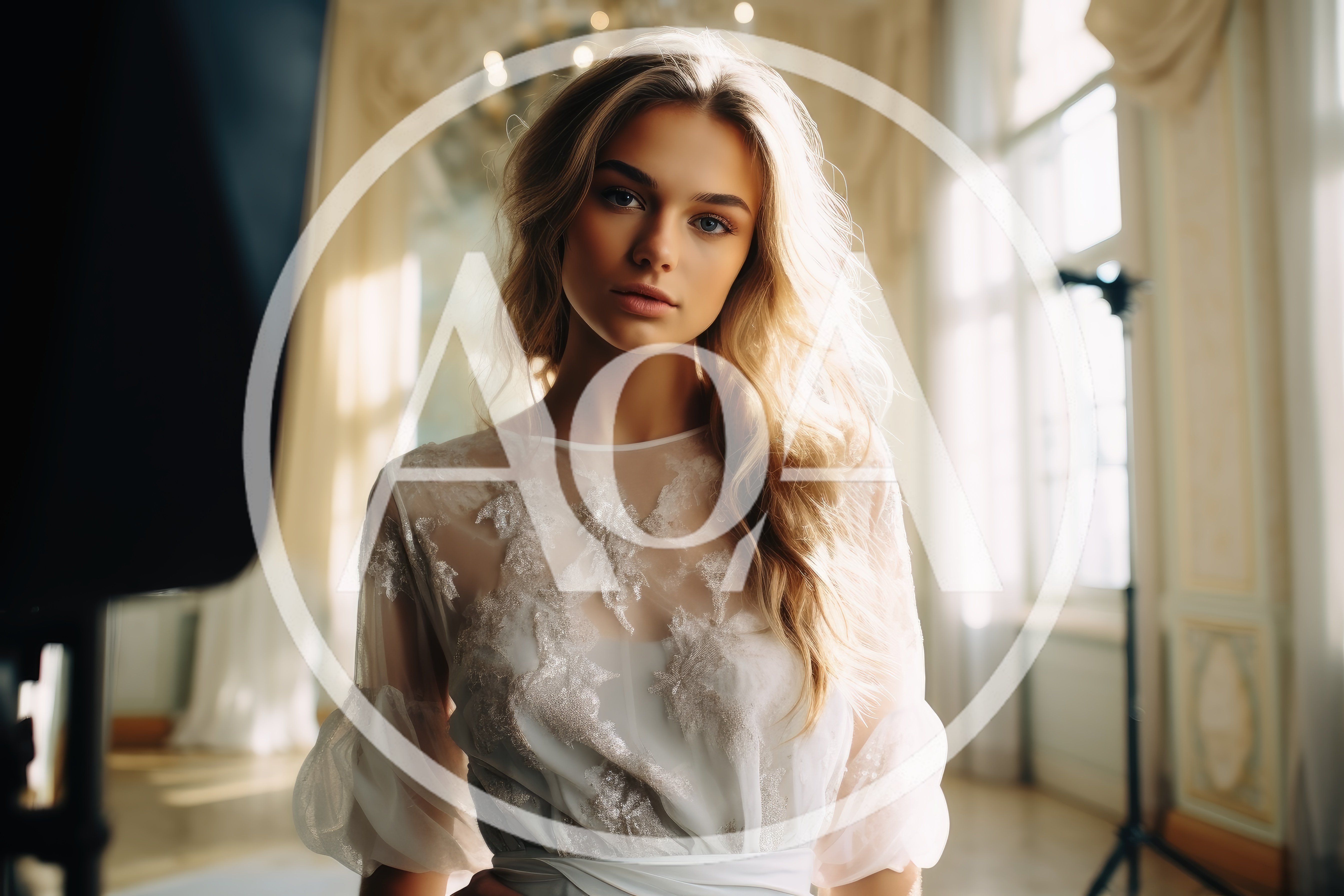 Portrait Of A Blonde Woman In A Lace Wedding Dress