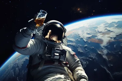 Astronaut Toasting With A Glass Of Beer In Space