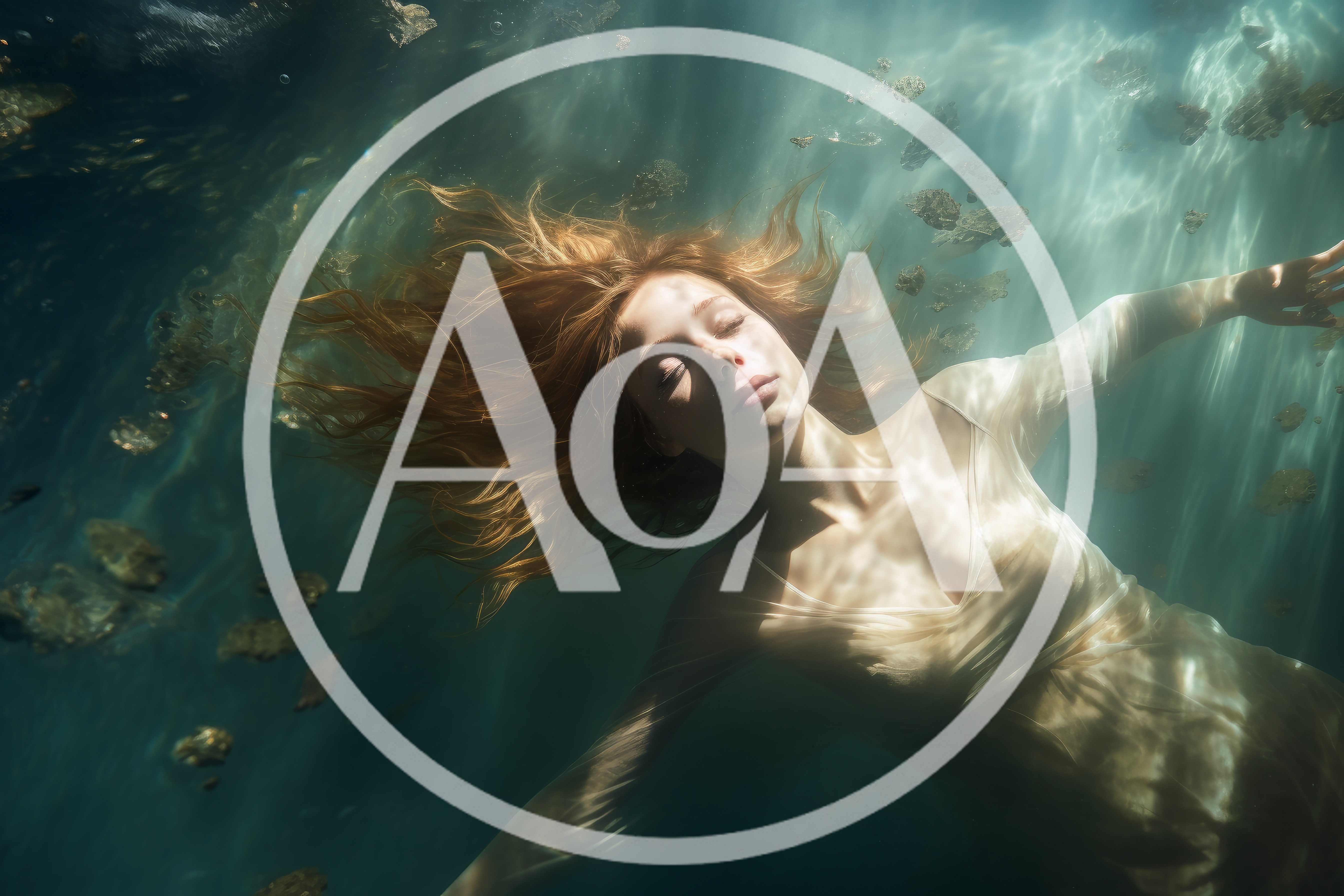 Redheaded Woman Floating Underwater In A White Dress