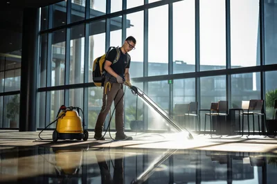 Professional Cleaner Using Backpack Vacuum in Modern Office