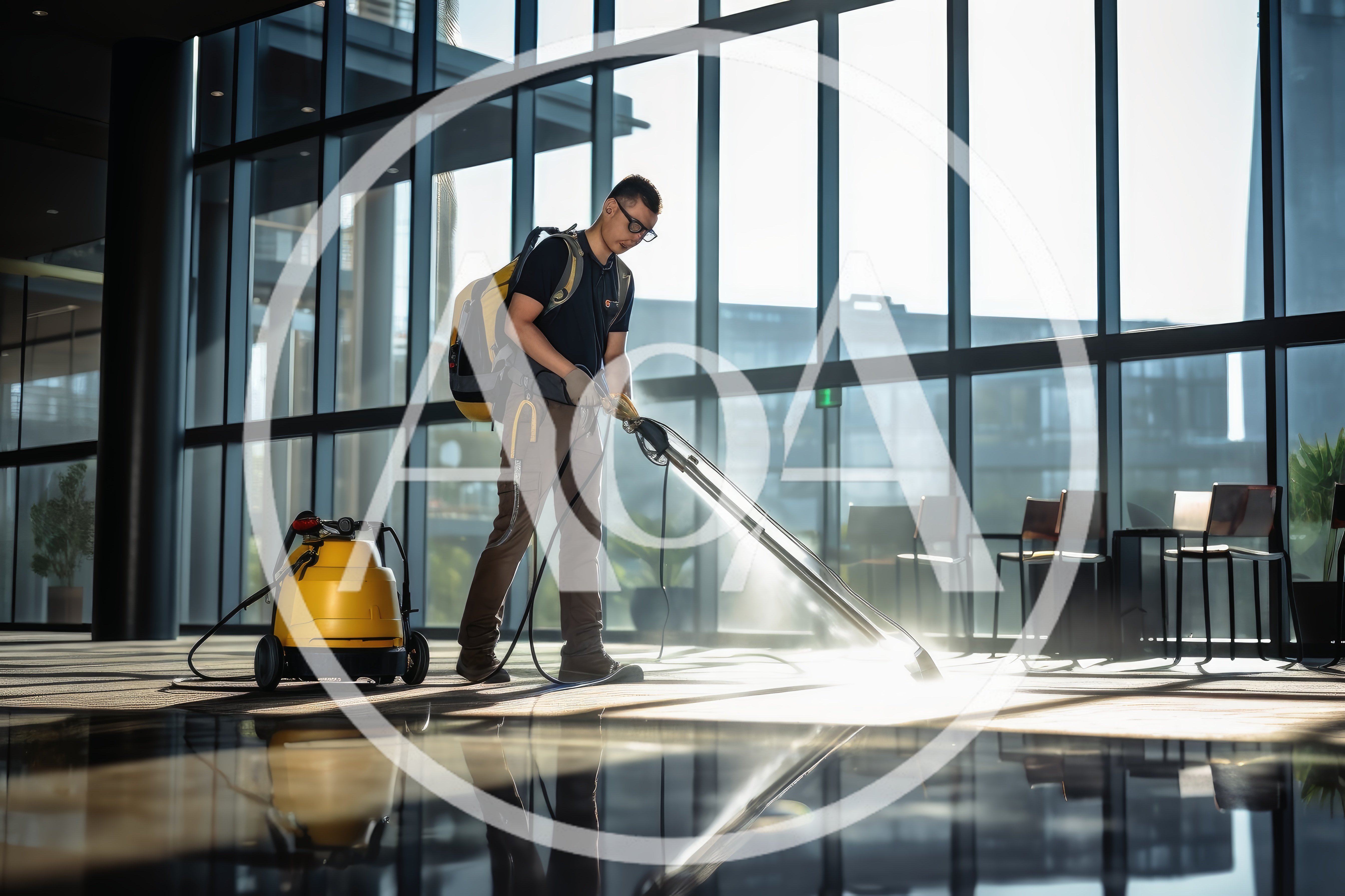 Professional Cleaner Using Backpack Vacuum in Modern Office