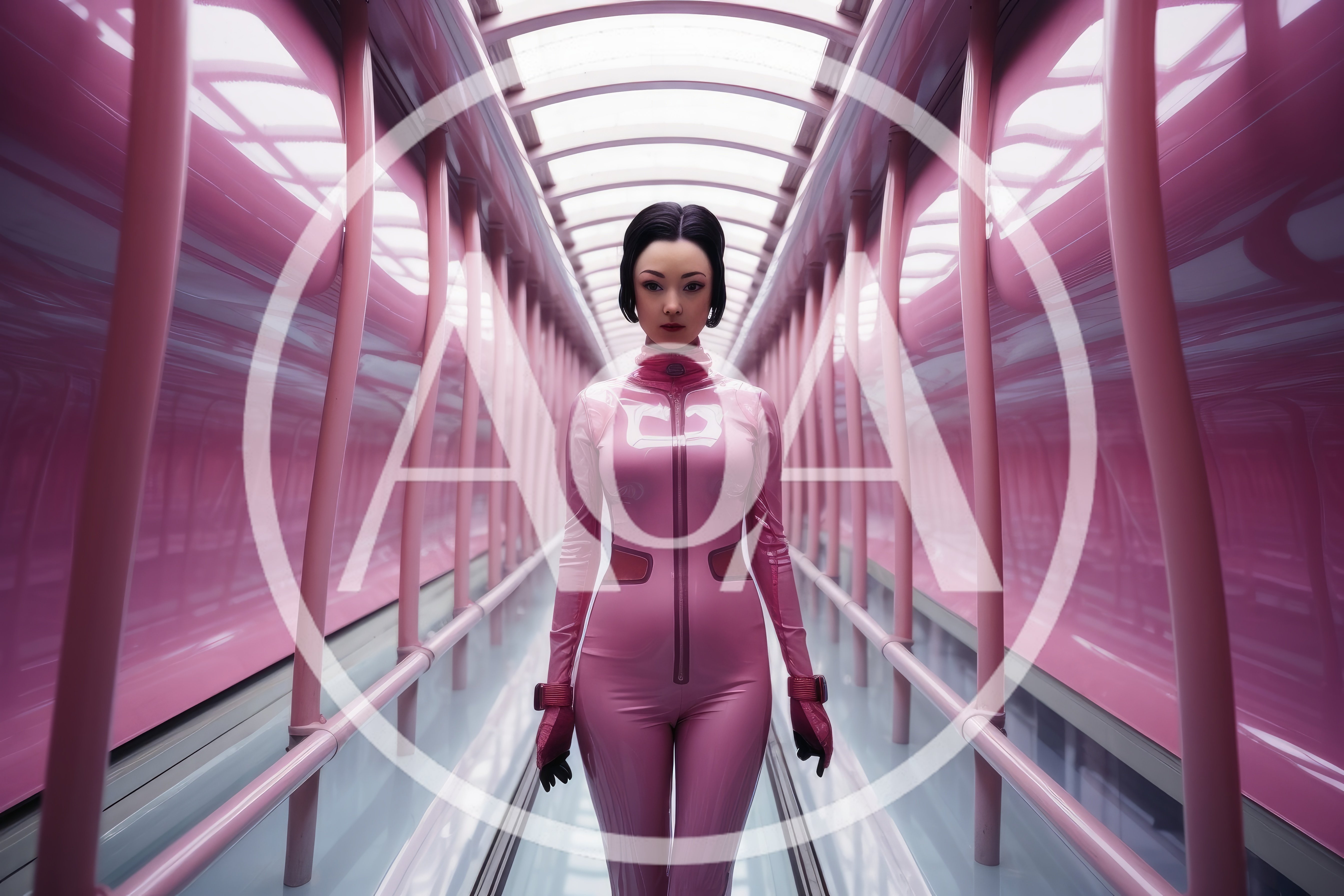 Futuristic Woman In Pink Latex Suit Walking Through Corridor
