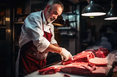 Professional Butcher Preparing Fresh Raw Meat Cuts