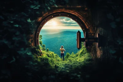 Person Standing Before A Circular Portal Overlooking Forest