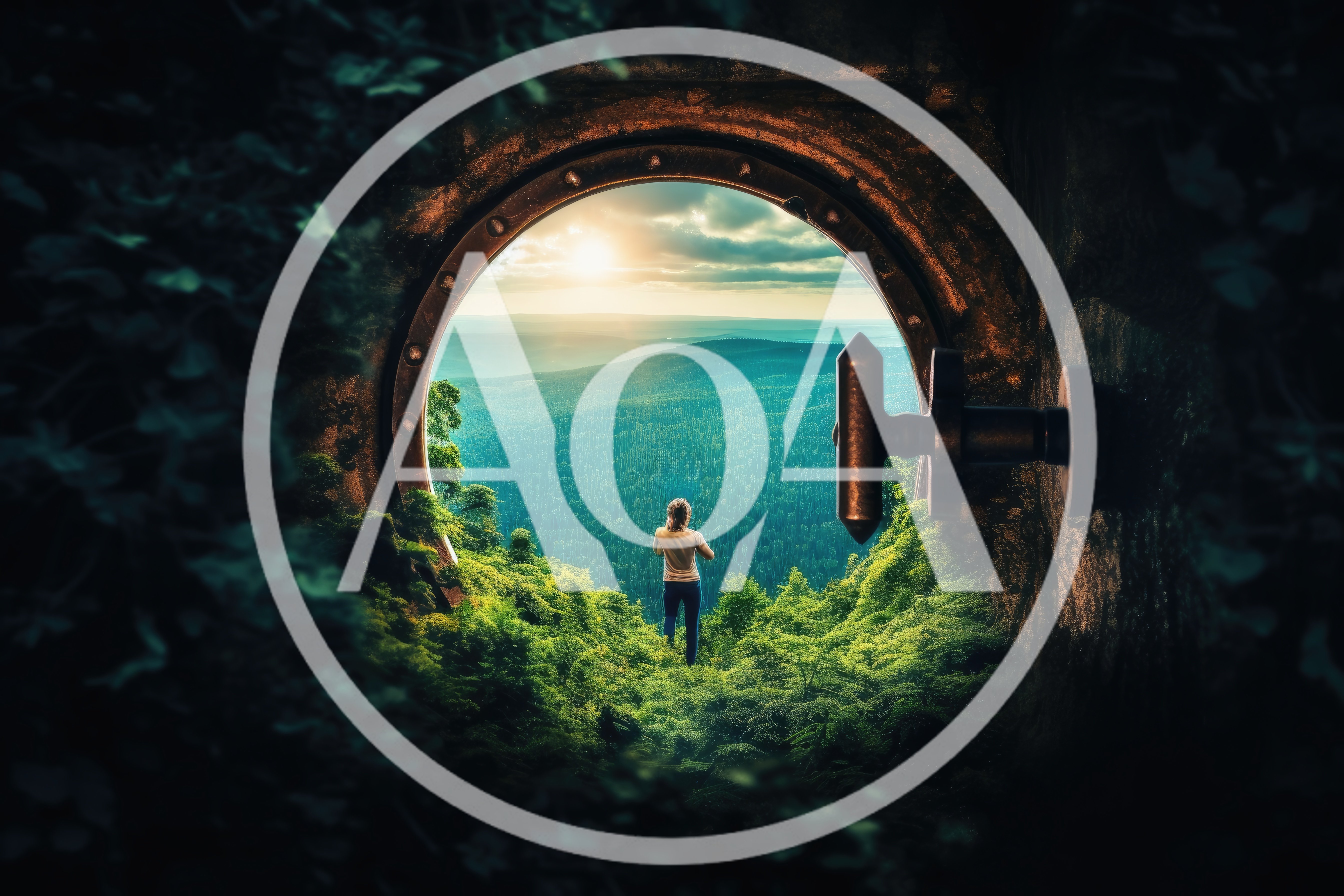 Person Standing Before A Circular Portal Overlooking Forest