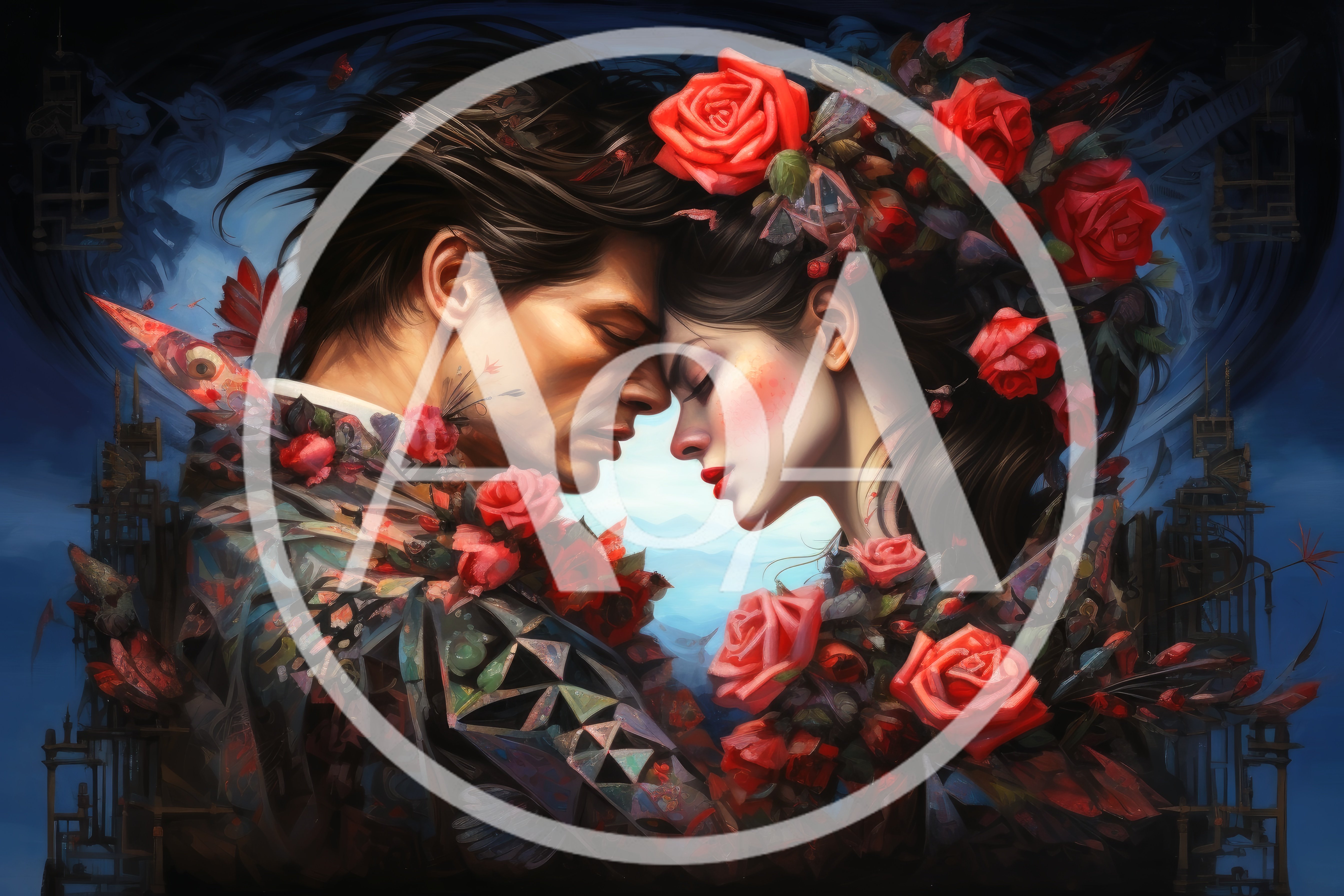 Romantic Couple Embracing Surrounded By Red Roses