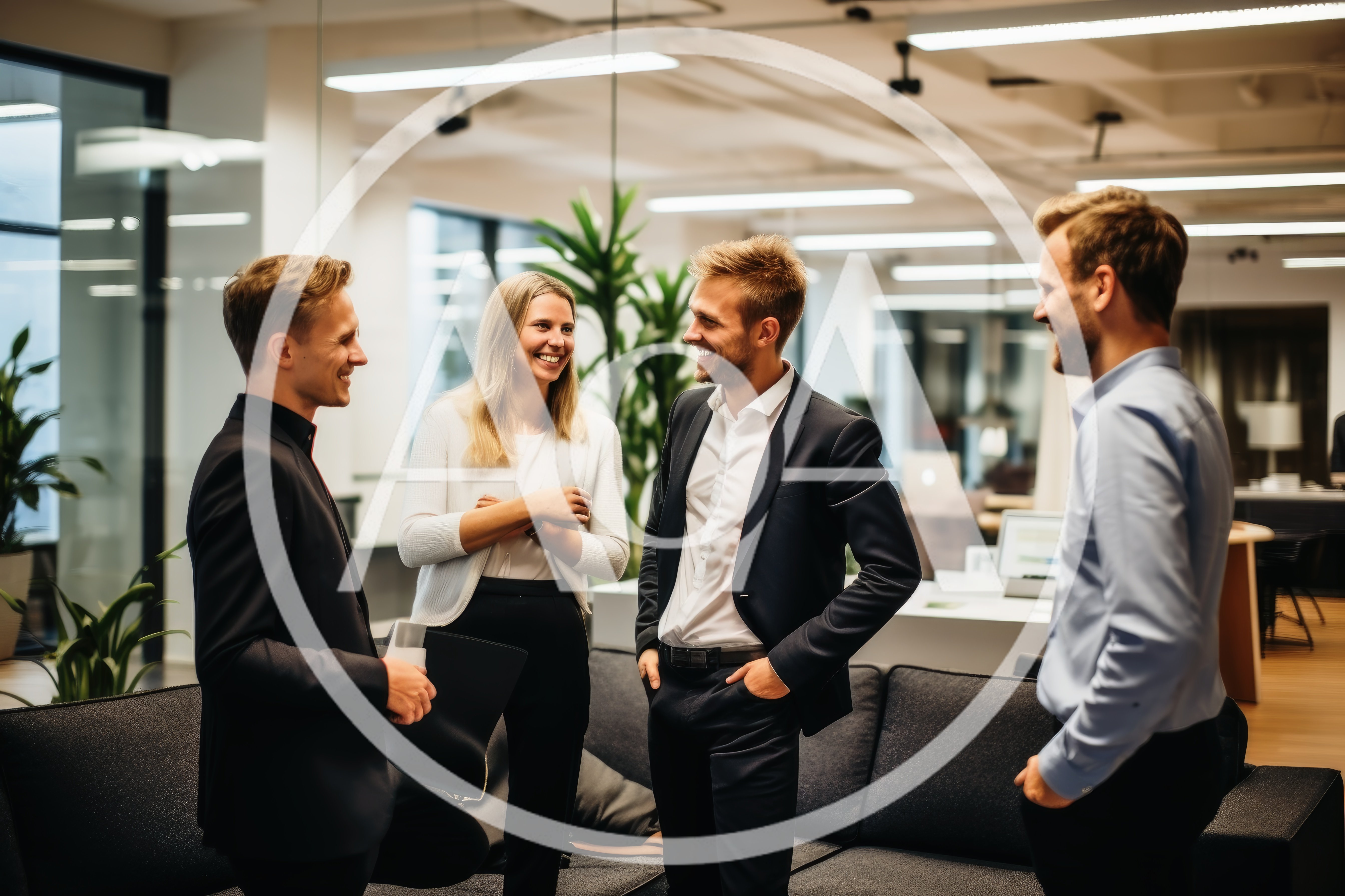 Professional Colleagues Discussing Business in Modern Office Lounge