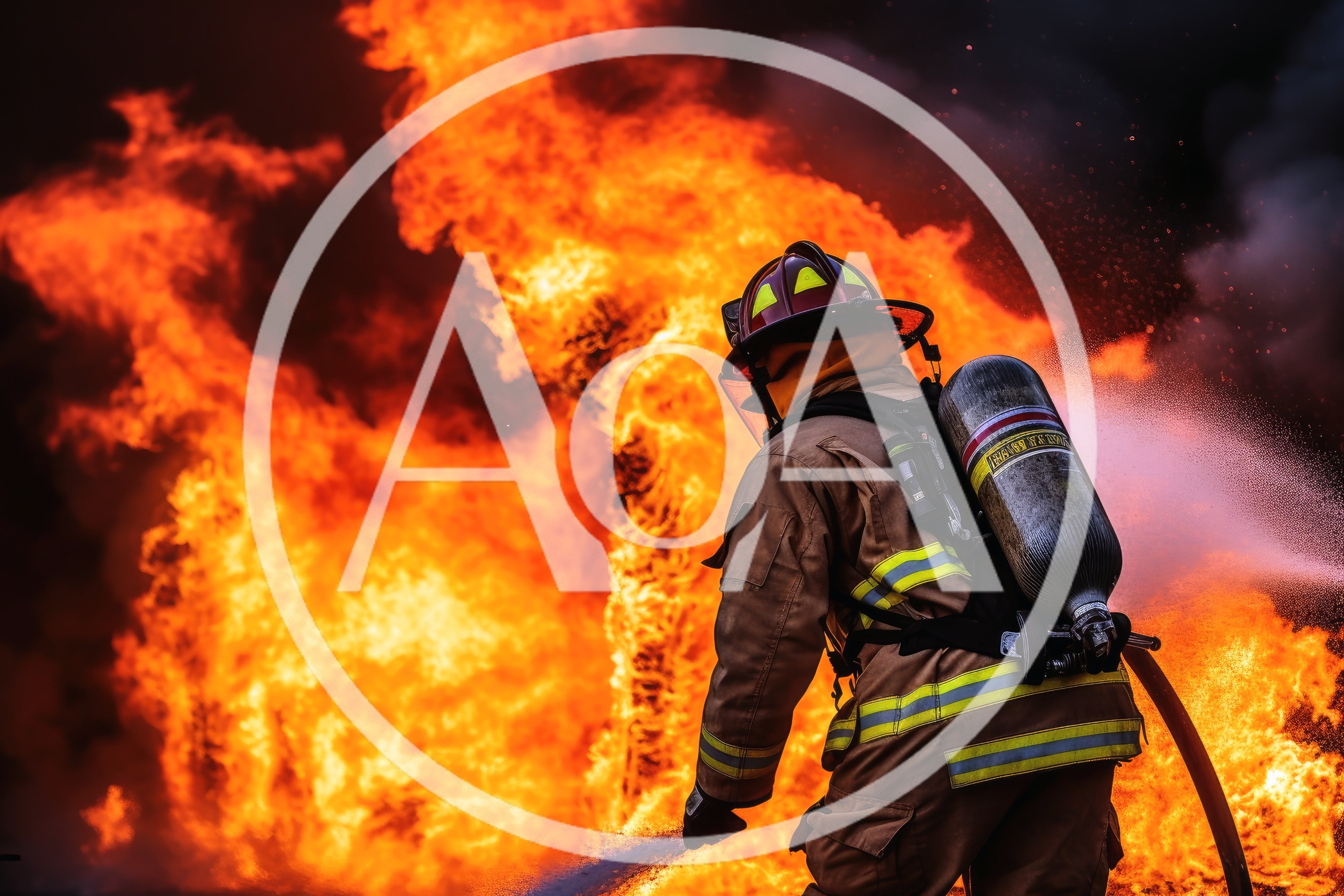Firefighter Battling Intense Structural Blaze With Hose