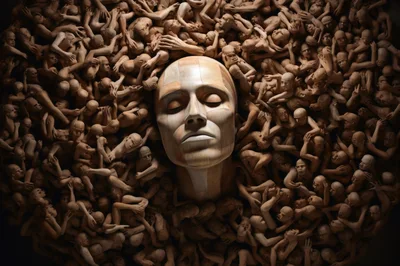 Surreal Wooden Sculpture Of A Human Face Surrounded By Figures