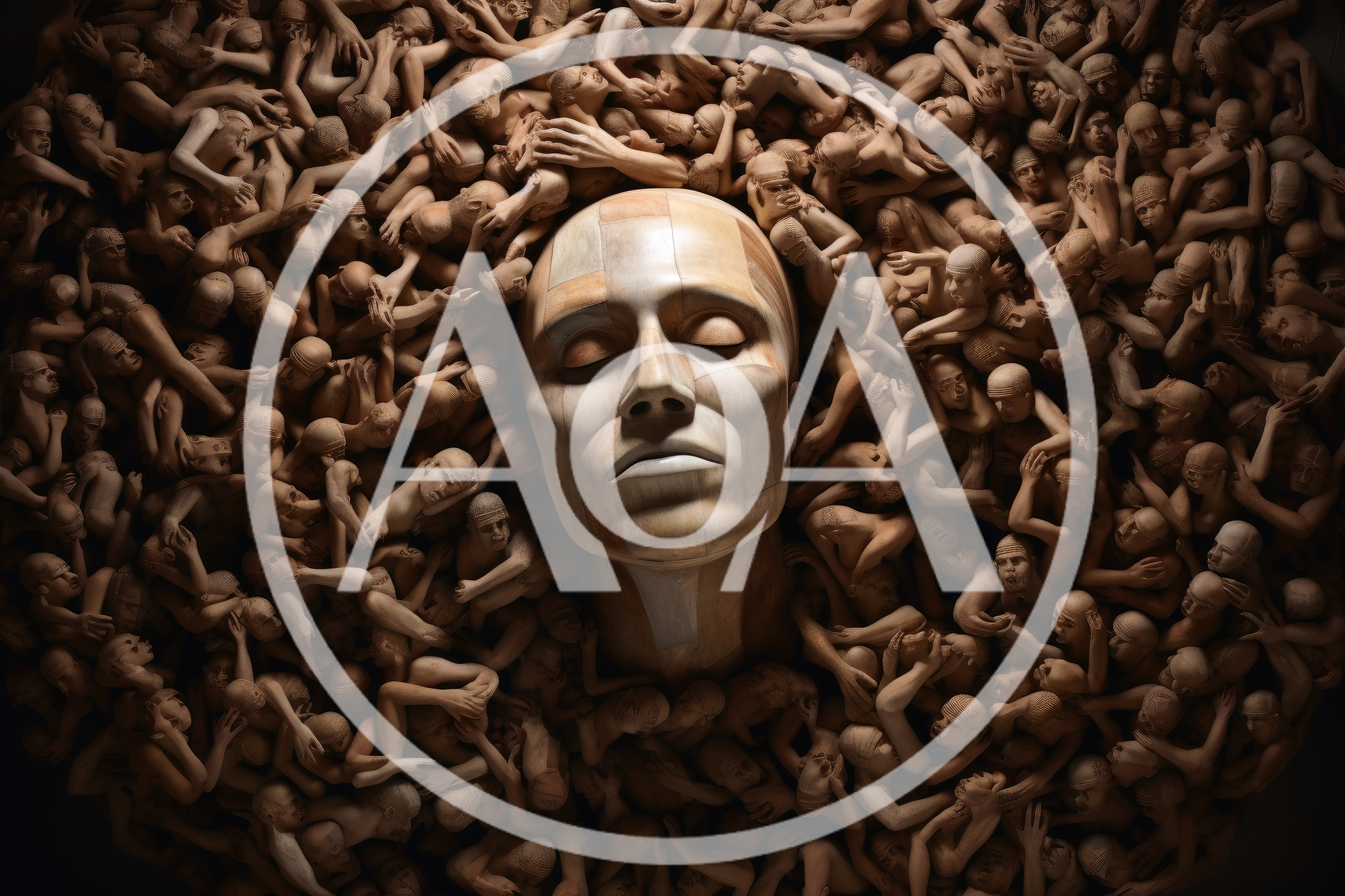 Surreal Wooden Sculpture Of A Human Face Surrounded By Figures