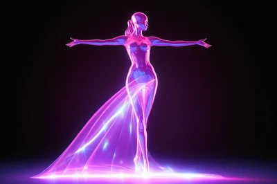 Glowing Neon Holographic Female Figure In Flowing Dress