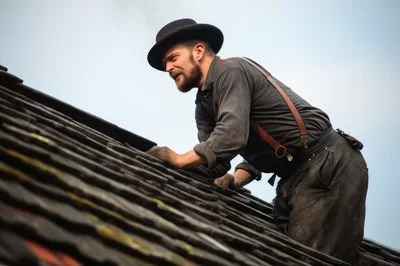 Historical Roofer Working On A Tiled Roof
