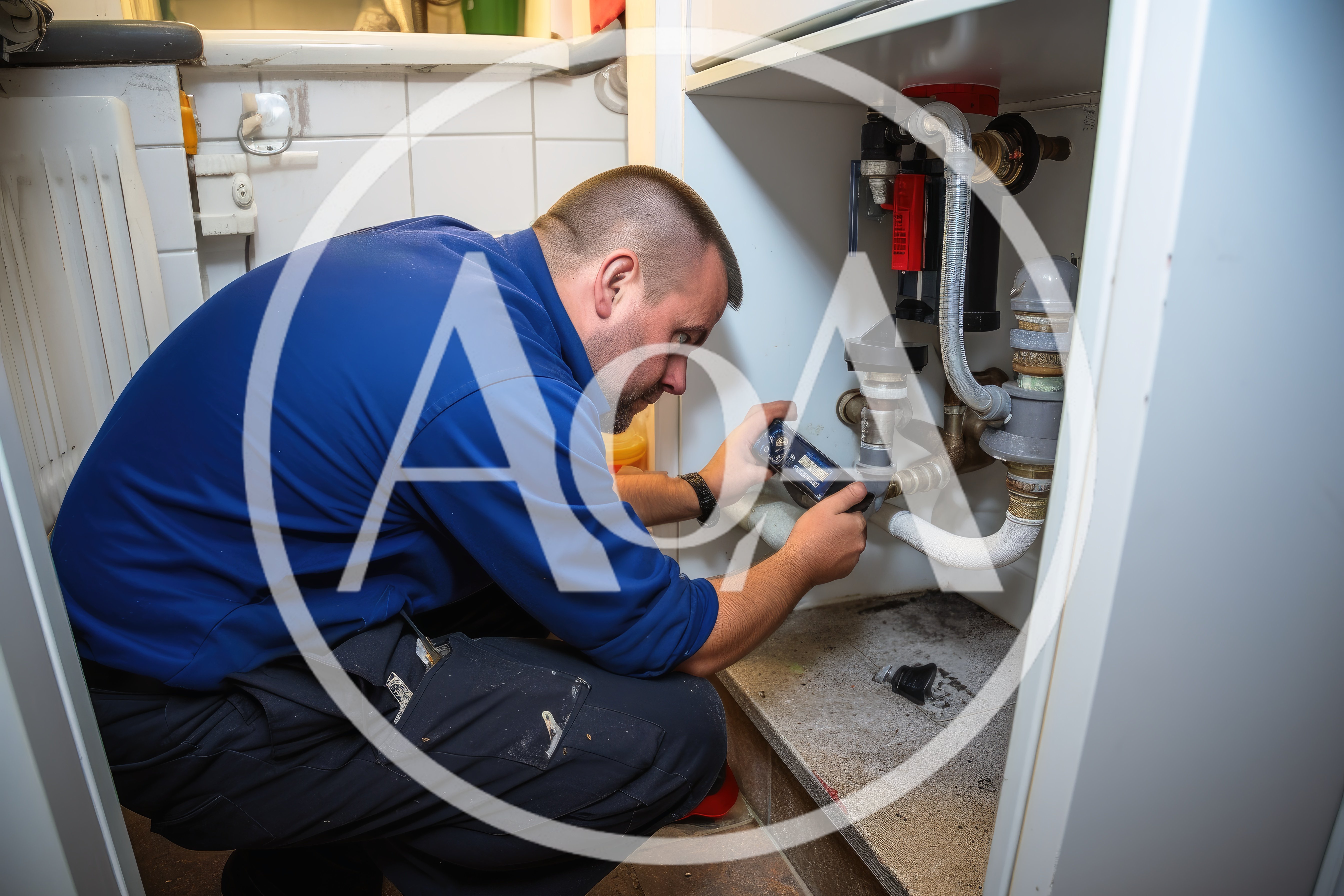 Professional Plumber Inspecting Sink Pipes Under Cabinet