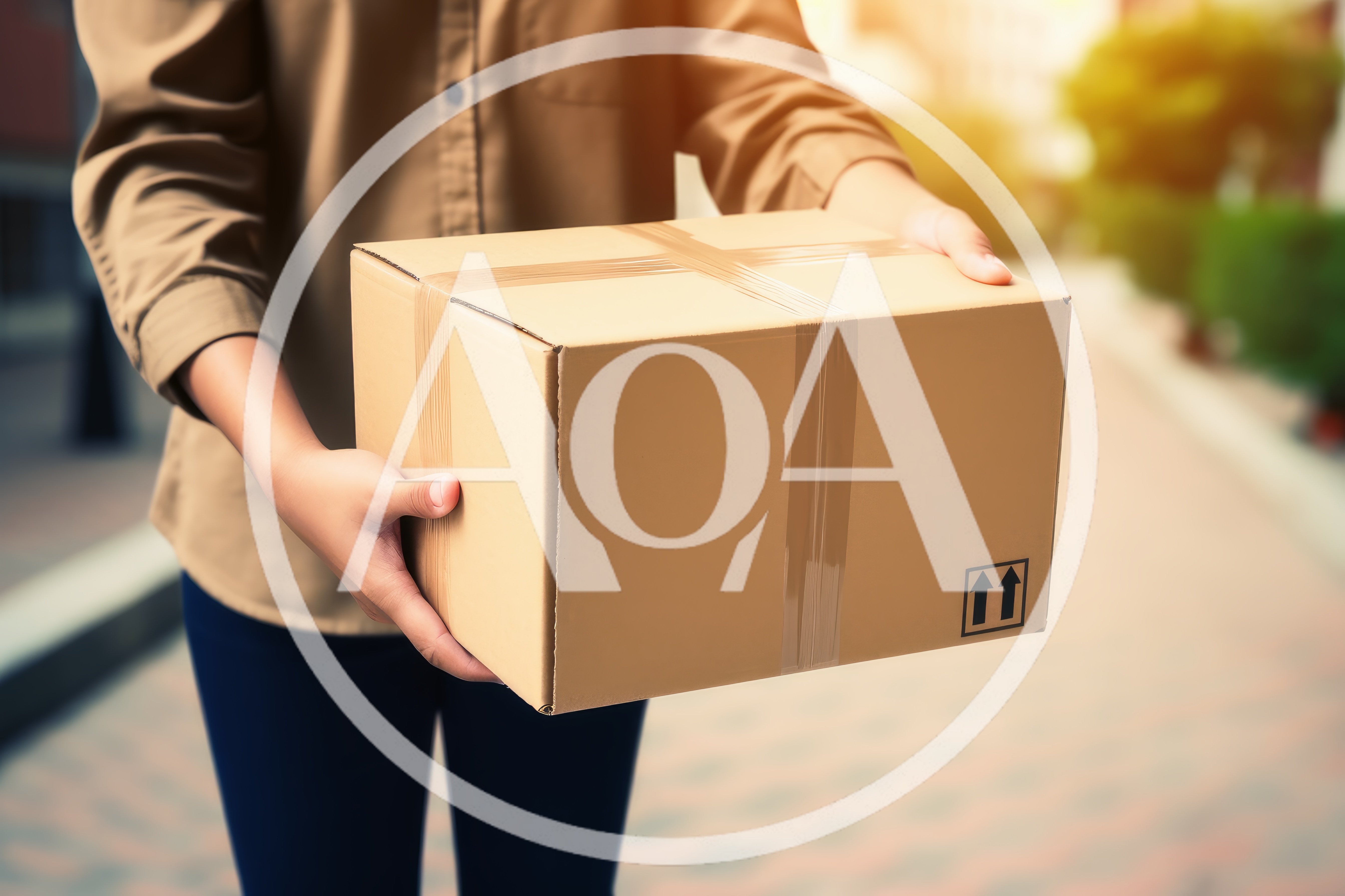 Delivery Person Holding A Cardboard Package Outdoors