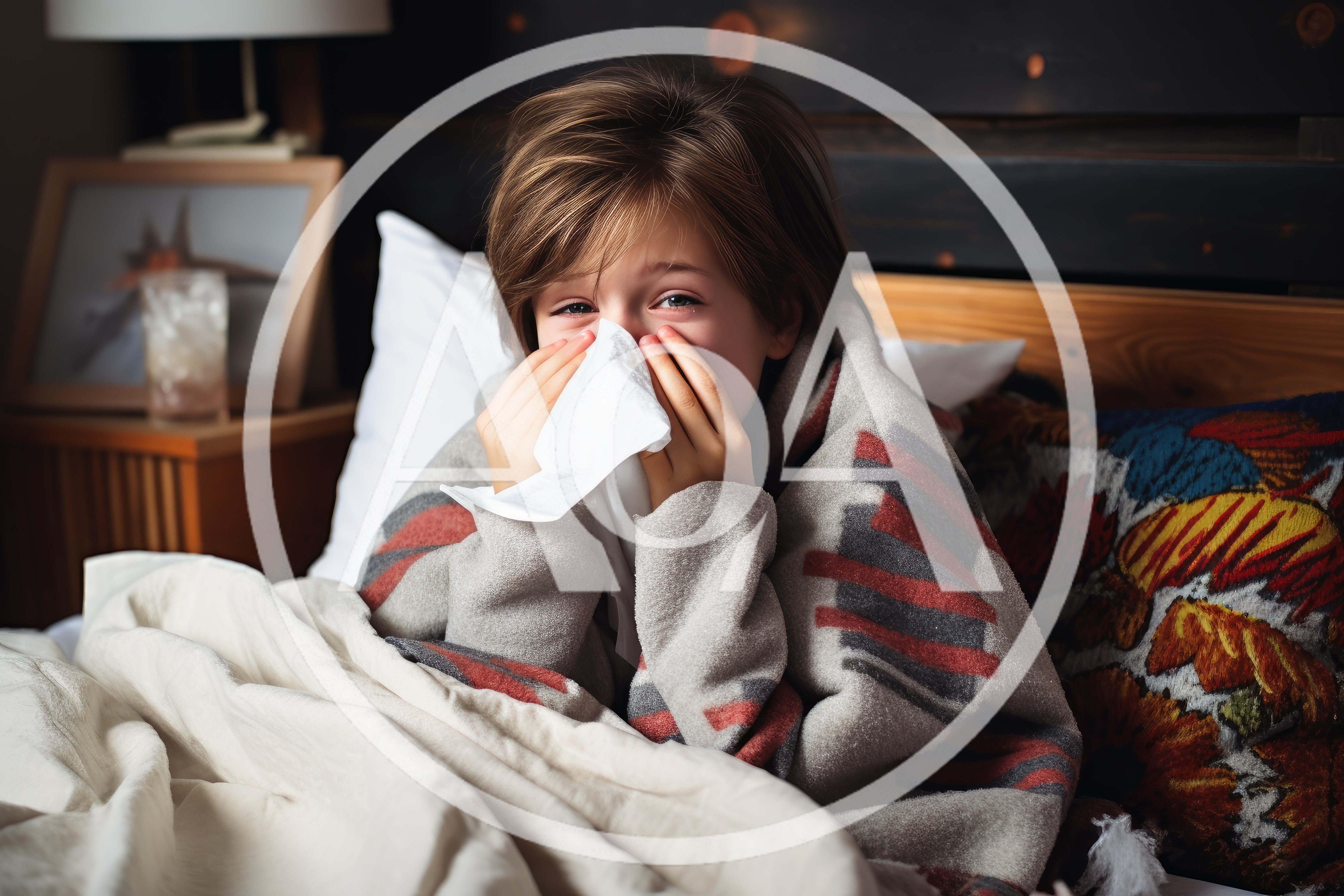 Sick Child Blowing Nose With Tissue In Bed