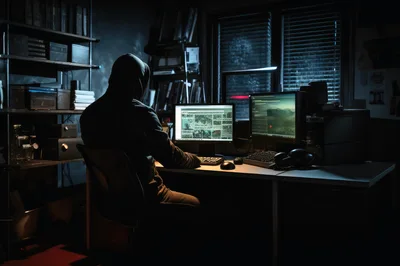 Hacker Working On Multiple Computers In Dark Room